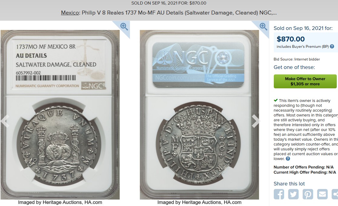 博洋堂【北京钱博会拍卖周】精品专场暨第54期（全场包邮） PCGS AU 西属墨西哥1737年MO MF菲利普五世地球双柱大银，难得早期年份地球，名家旧藏，独特包浆