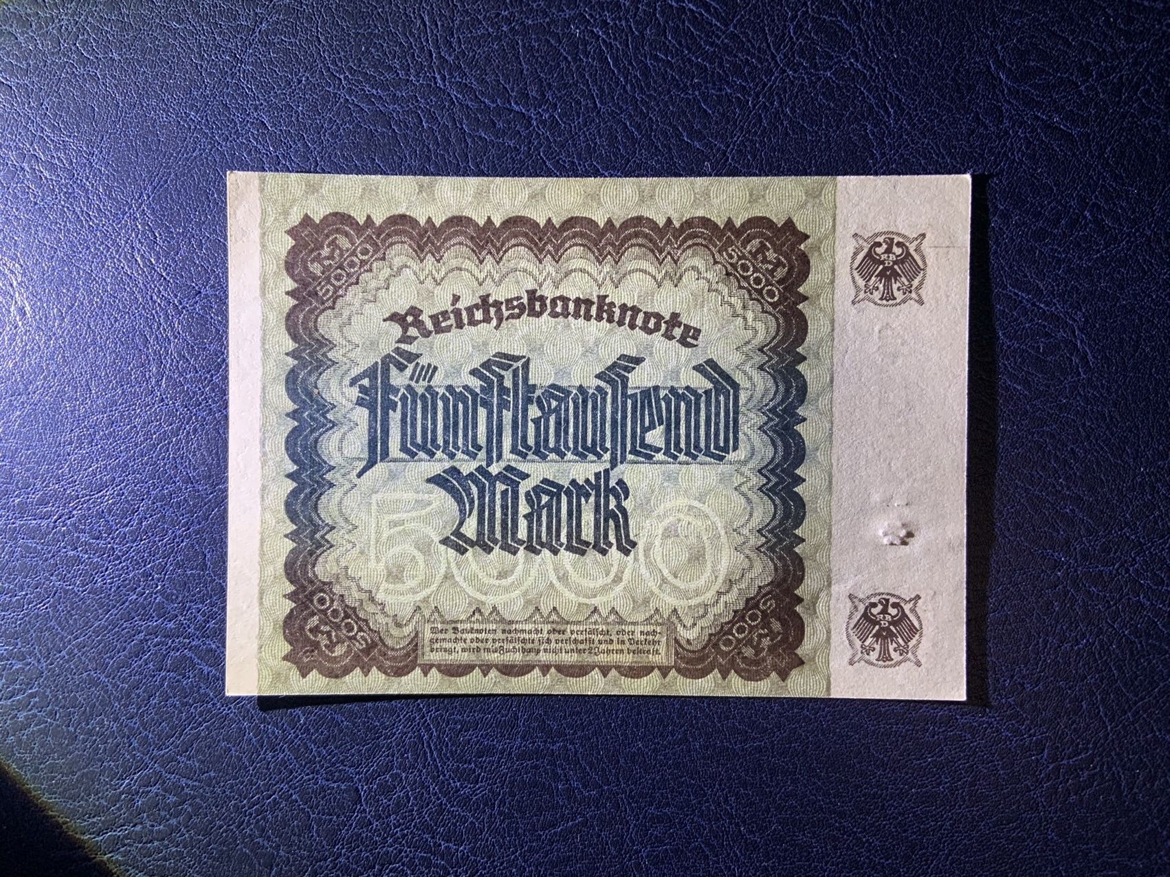 收藏联盟Quantum Auction 第308期拍卖  德国1922年5000马克 品相UNC- 稀少星补号 丢勒画作