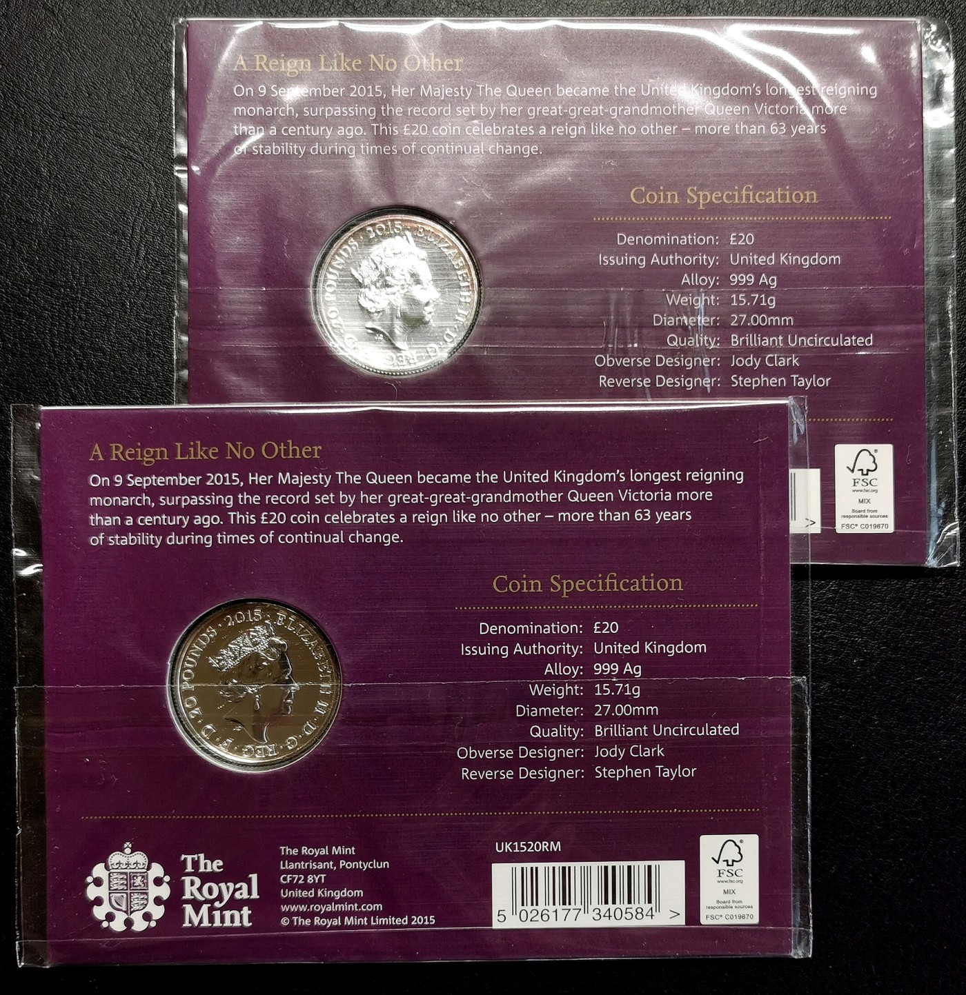 凡希社世界钱币微拍第二百五十六期 2015英国待机最长君主20镑纪念银币两套