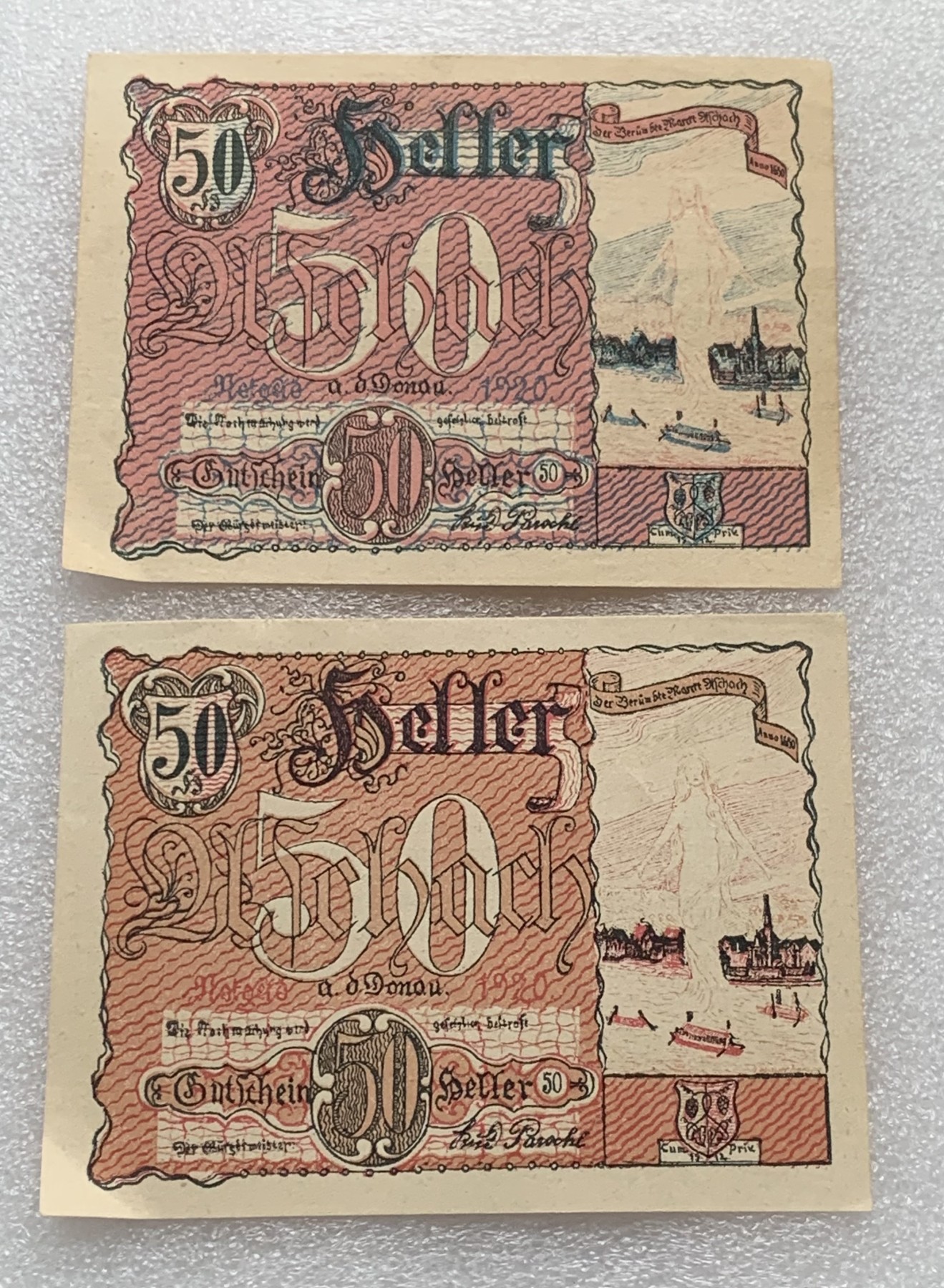 瓶子🏺散币纸币第3期  奥地利1920年德紧时期50赫勒纸币2张