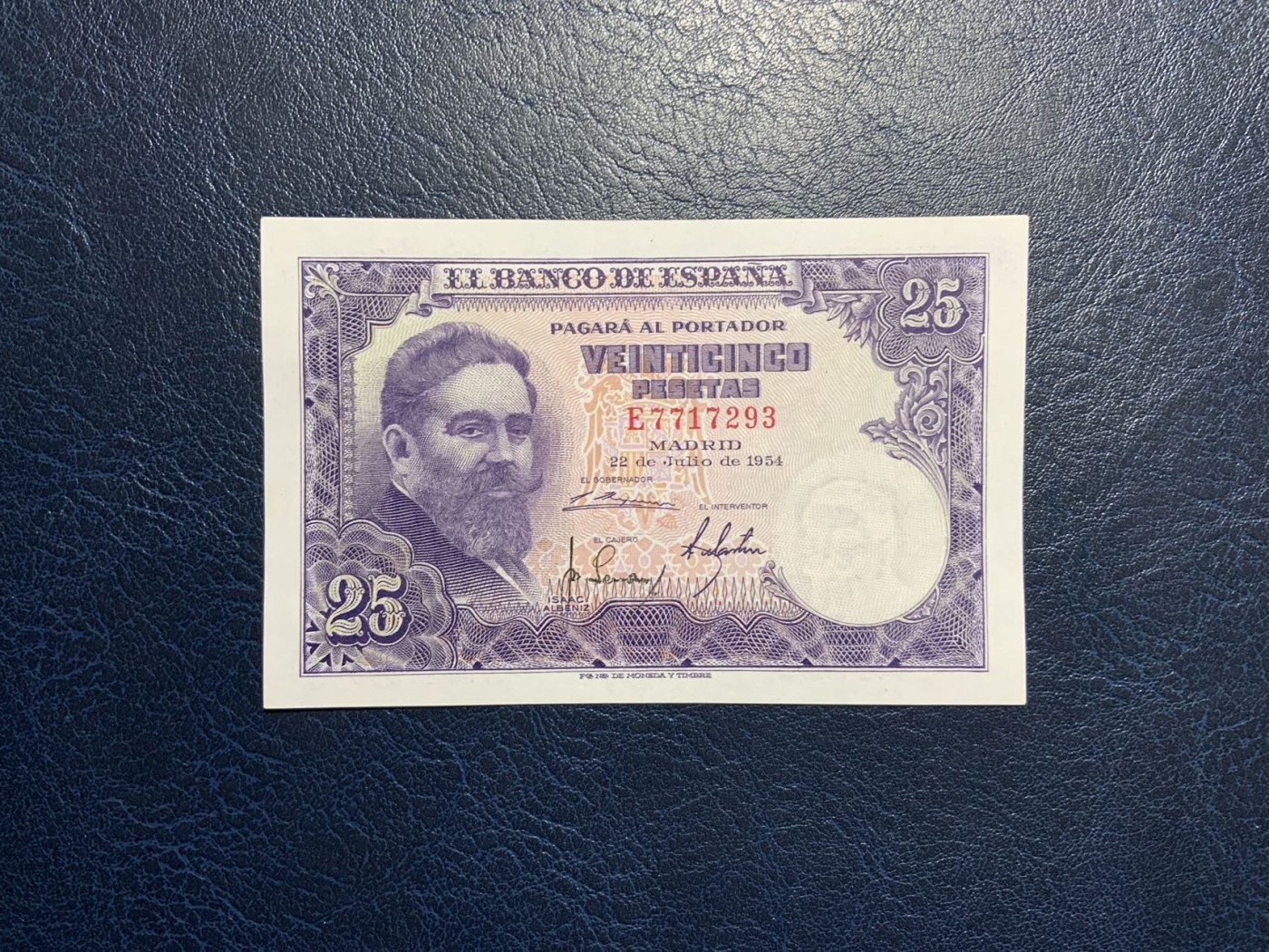 收藏联盟Quantum Auction 第308期拍卖  西班牙1954年25比塞塔 品相UNC 角微黑 阿尔罕布拉宫的狮子庭院