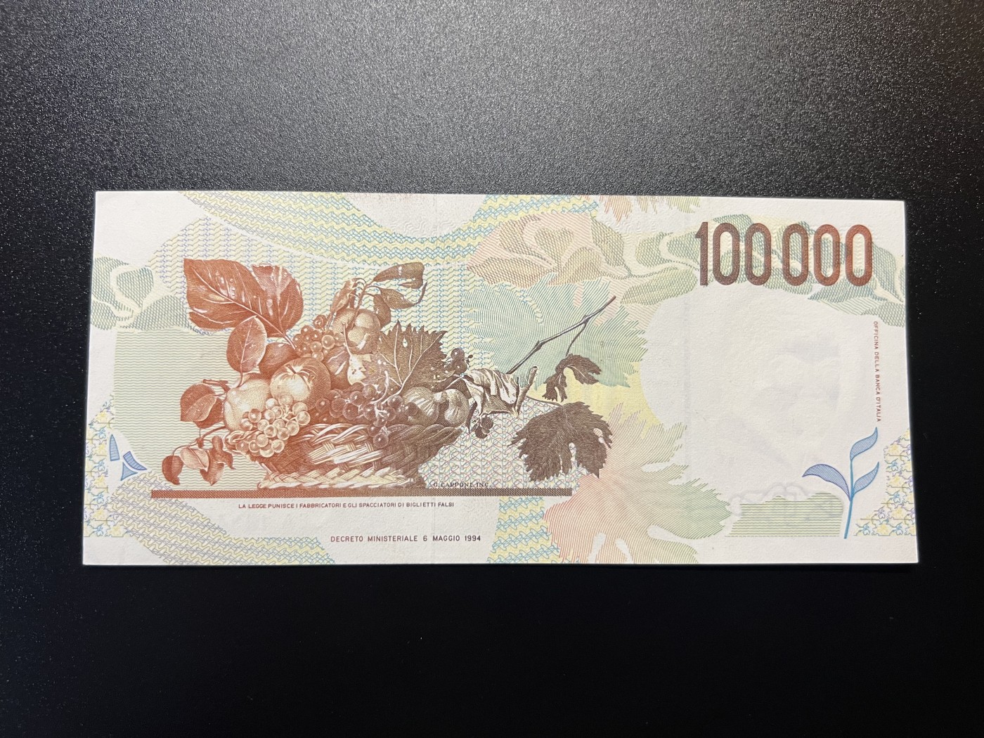 🌗乐淘淘纸币拍卖 第30期 裸钞场🌓 【EA 143424 F】意大利1994年纸币 100000里拉 卡拉瓦乔 轻微折