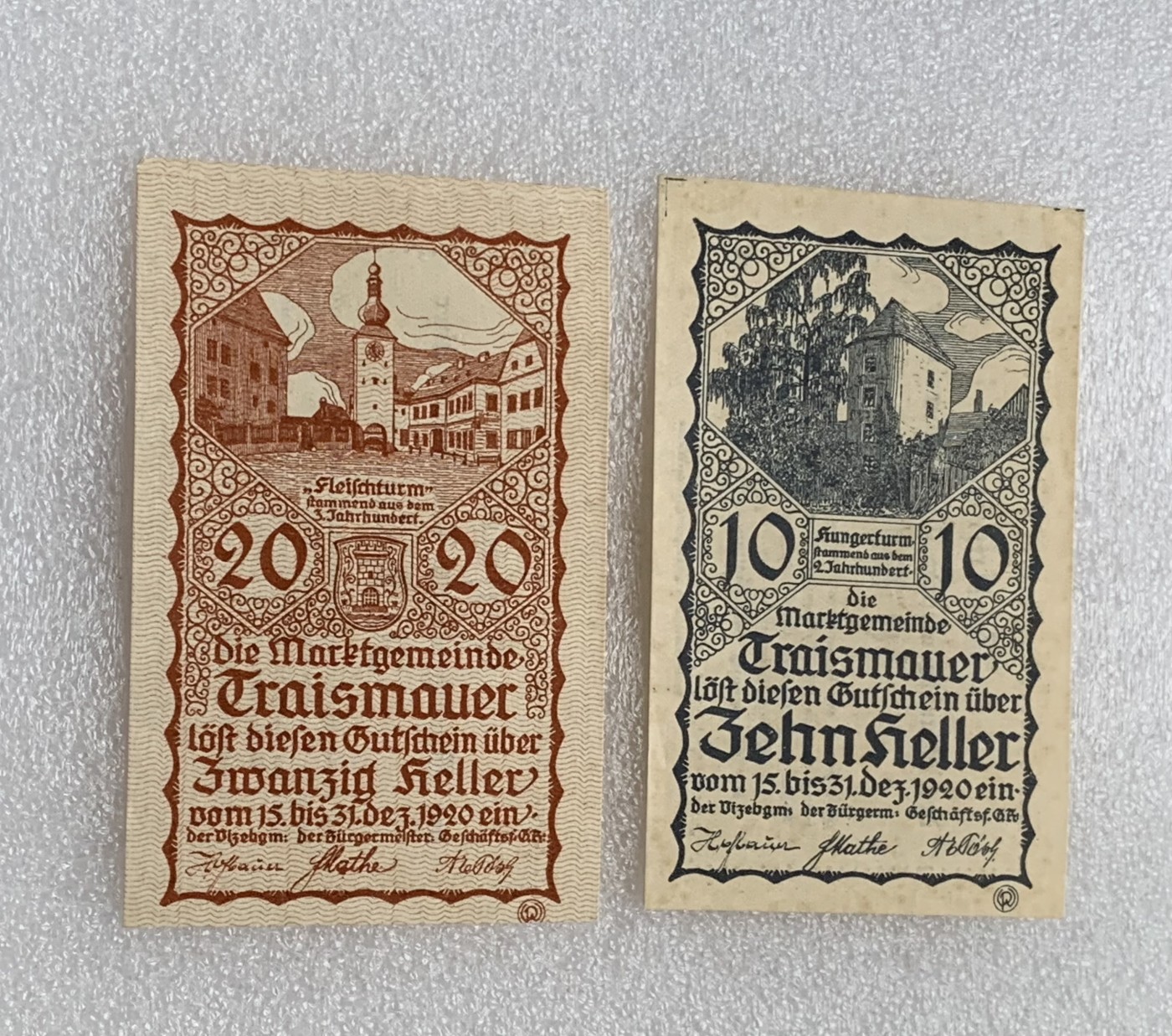 瓶子🏺散币纸币第3期  奥地利德紧时期1920年10-20赫勒纸币2张  稀少