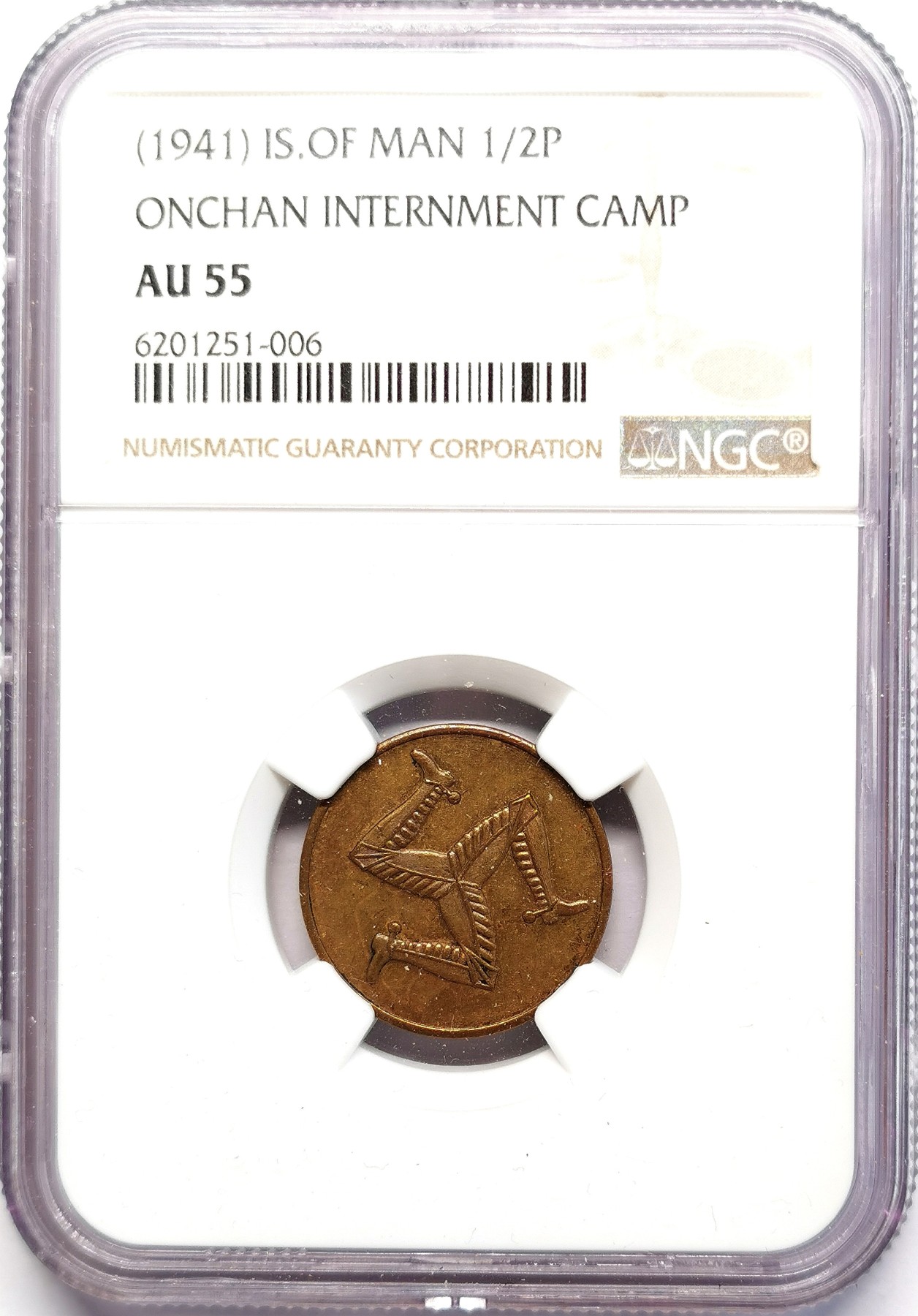 凡希社世界钱币微拍第二百五十六期 1941马恩岛收容营1/2便士铜币NGC-AU55