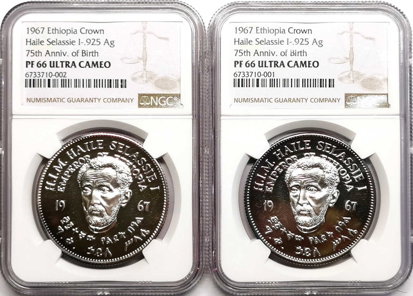 凡希社世界钱币微拍第二百五十六期 荐！1967埃塞俄比亚皇帝赛拉西75寿辰纪念大银精铸NGC-PF67UC两枚装连号原盒稀见！