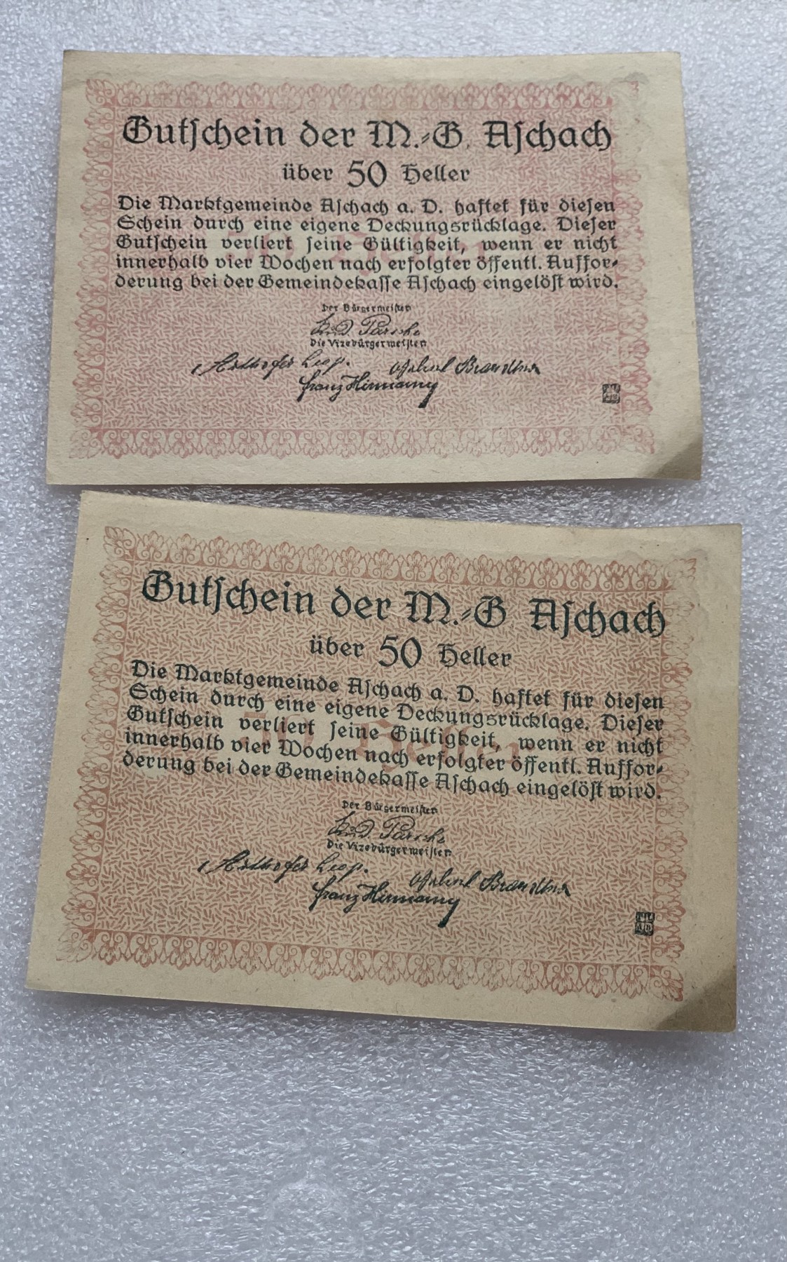 瓶子🏺散币纸币第3期  奥地利1920年德紧时期50赫勒纸币2张