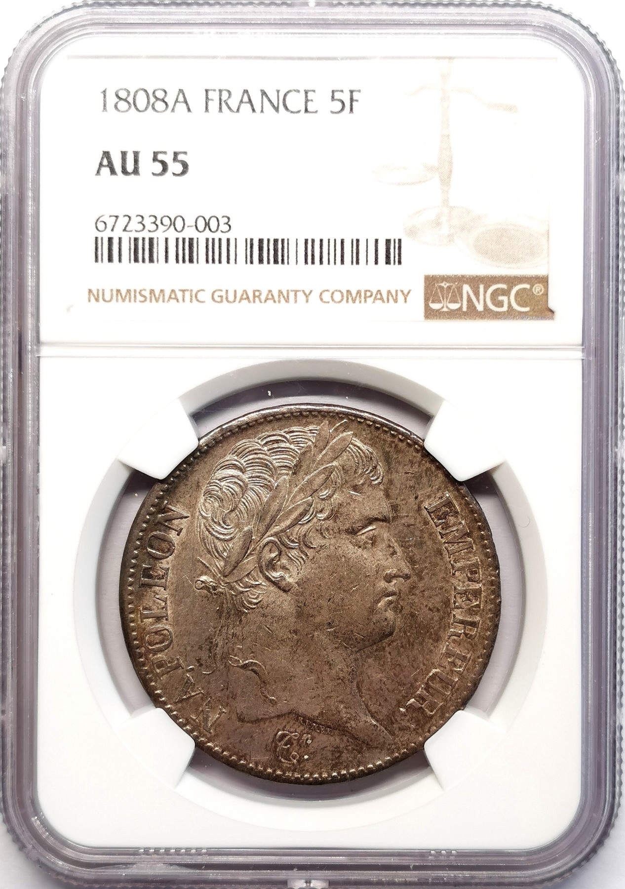 凡希社世界钱币微拍第二百五十六期 荐！1808A法国拿破仑5法郎大银NGC-AU55原味极赞！
