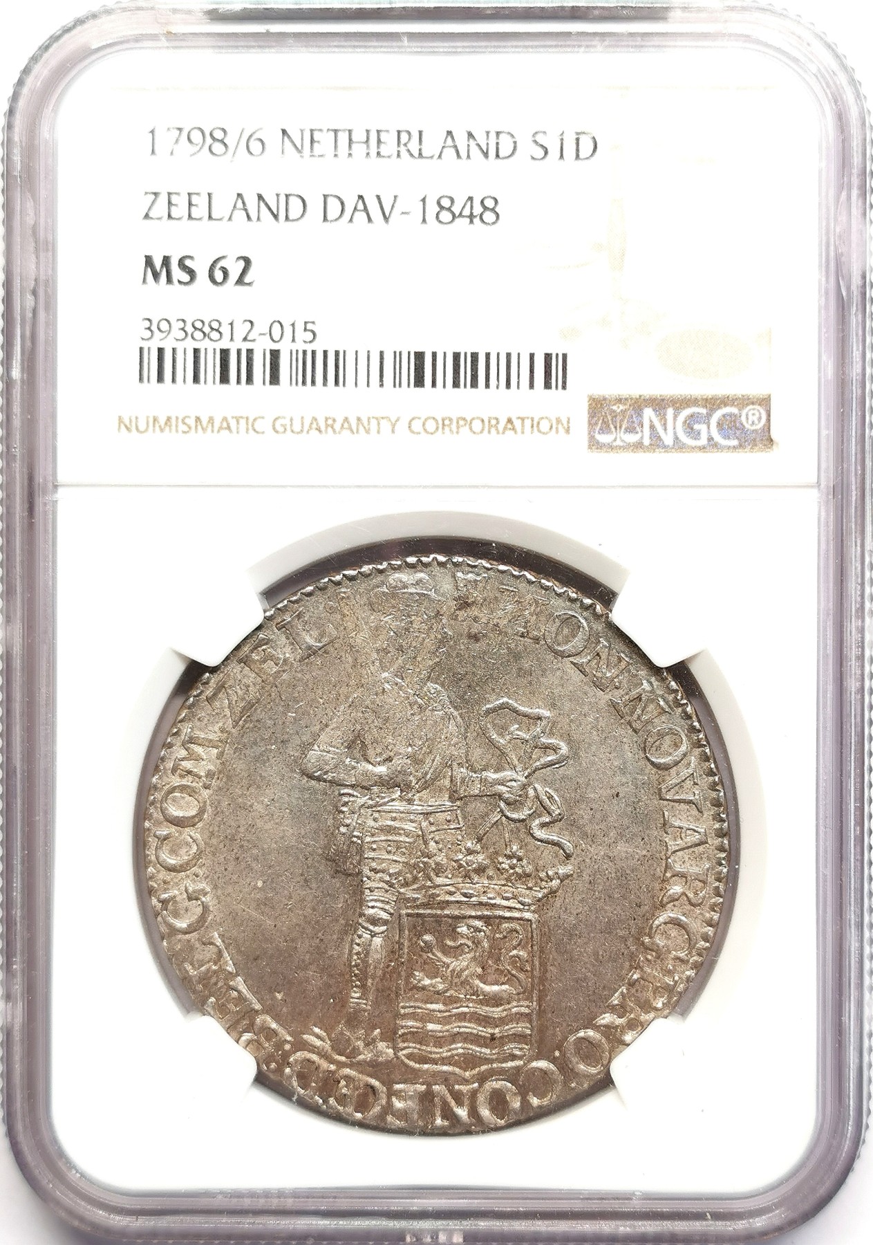 凡希社世界钱币微拍第二百五十六期 1798/6巴达维亚共和国泽兰武士贸易塔勒NGC-MS62原色银光！