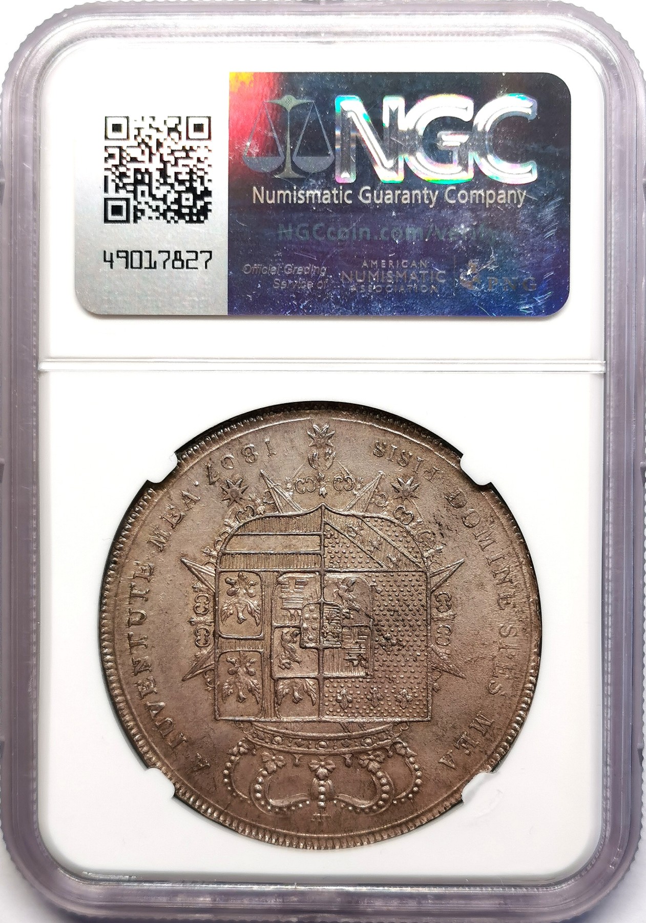 凡希社世界钱币微拍第二百五十六期 荐！1807托斯卡纳母与子10Pao大银NGC-MS62灰彩质感一流少见版本！