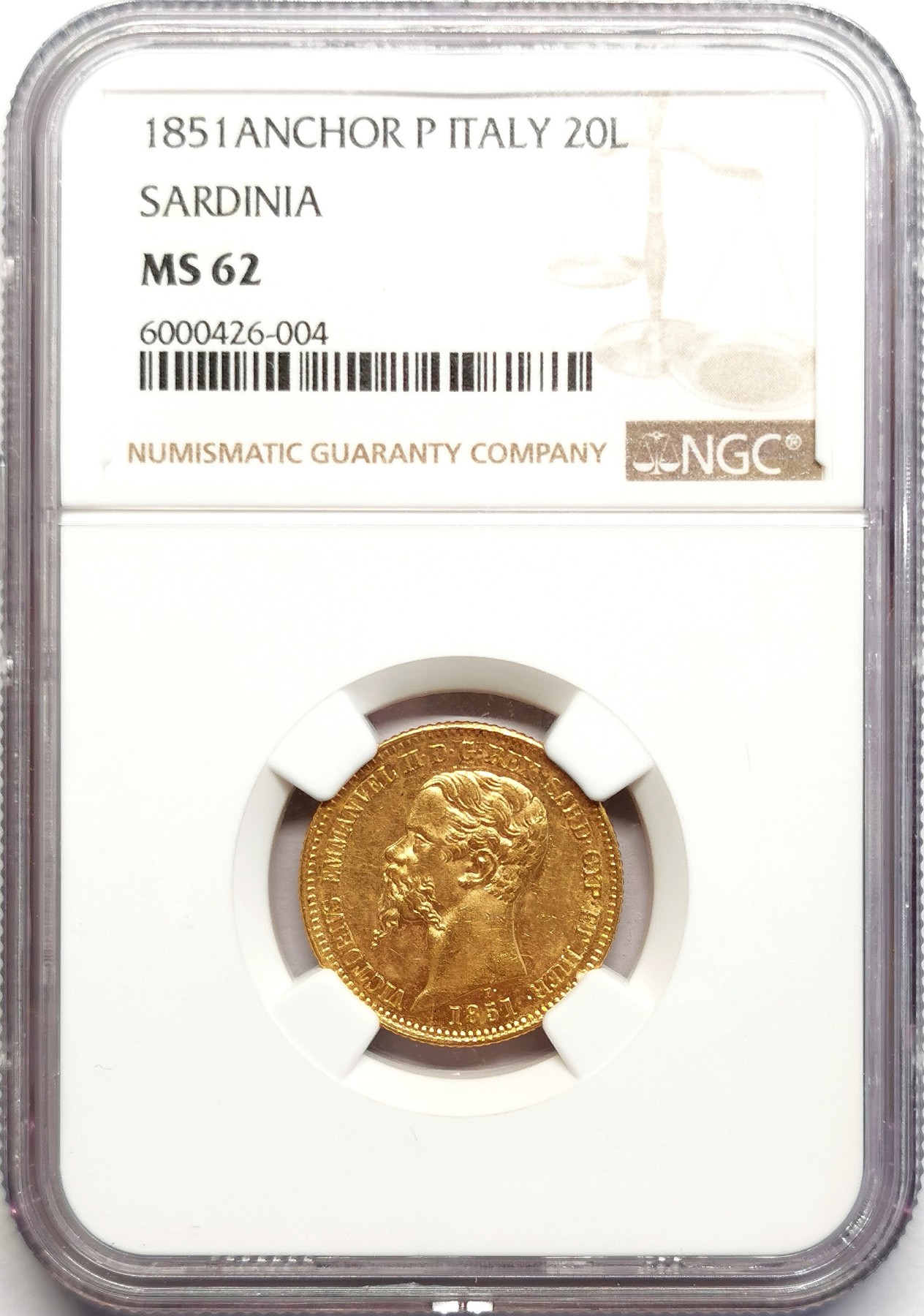 凡希社世界钱币微拍第二百五十六期 1851撒丁岛20里拉金币NGC-MS62稀见品种！