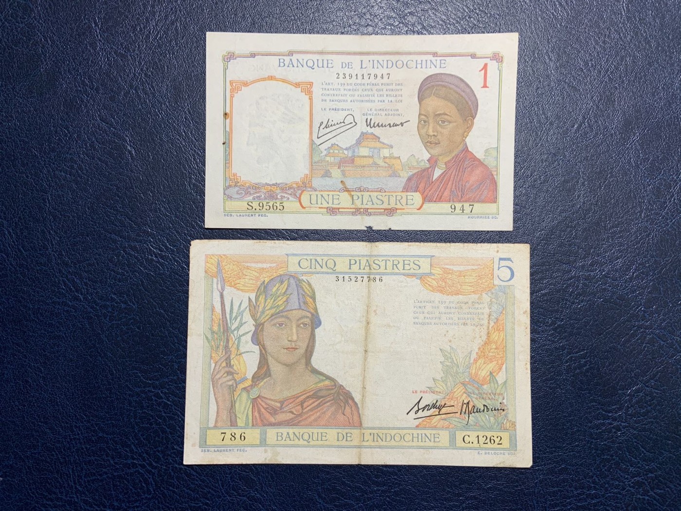 收藏联盟Quantum Auction 第308期拍卖  法属印度支那汇理银行1和5皮阿斯特 品相如图 有针孔