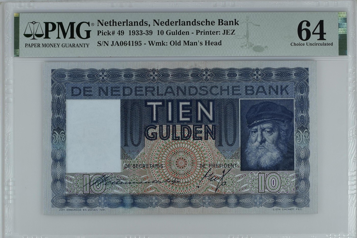 收藏联盟Quantum Auction 第308期拍卖  荷兰1933-39年10盾 PMG64 稀少品种 老船长