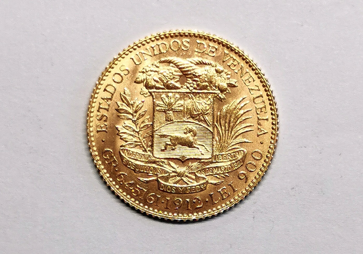 凡希社世界钱币微拍第二百五十六期 1912委内瑞拉5比索金币UNC