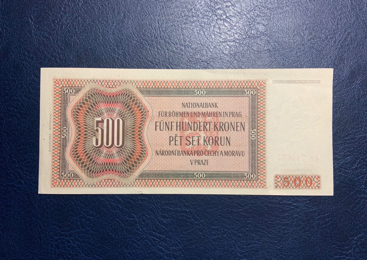 收藏联盟Quantum Auction 第308期拍卖  波西米亚和摩拉维亚1942年500克朗 品相UNC- 实票