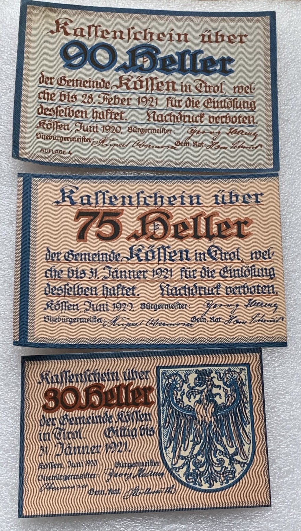 瓶子🏺散币纸币第3期  奥地利1920年30-75-90赫勒纸币3张