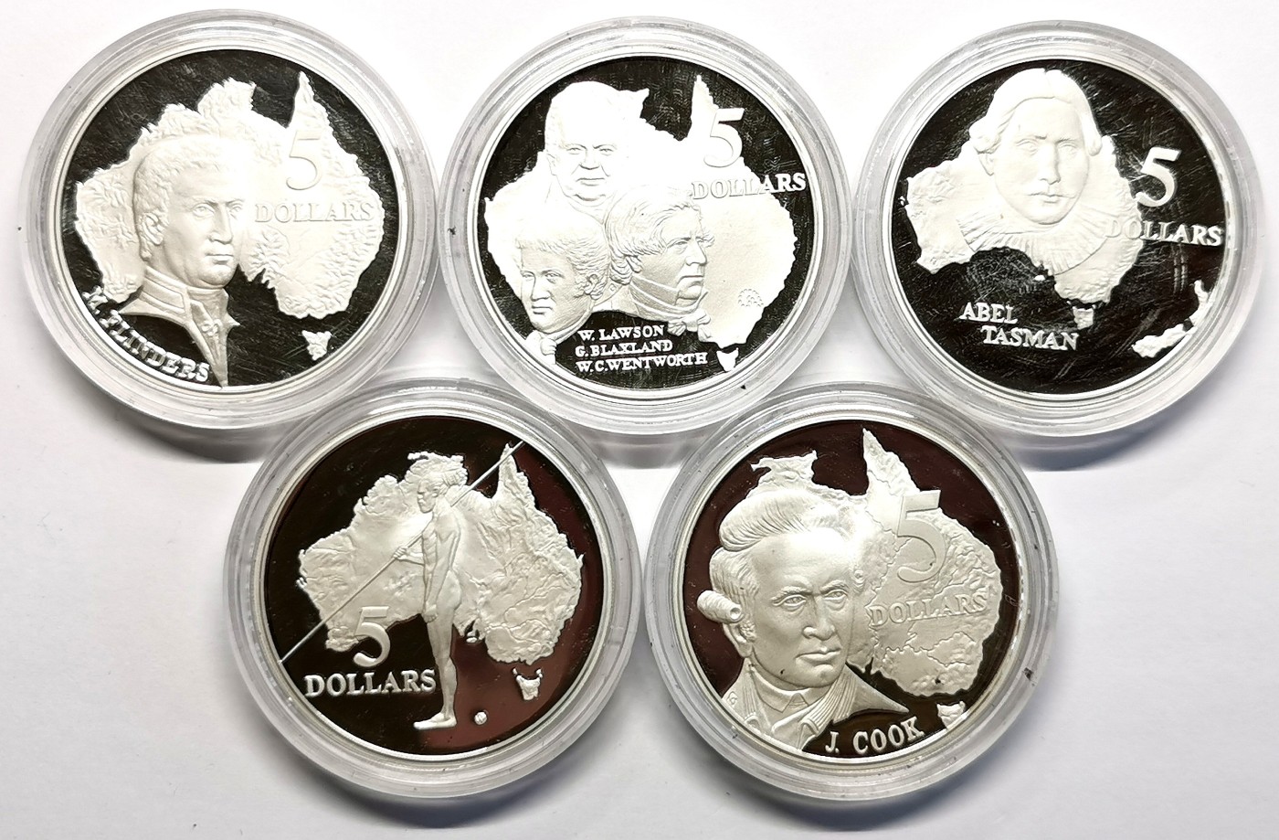 凡希社世界钱币微拍第二百五十六期 1993澳大利亚拓殖史5元纪念大银精铸五枚套全品！