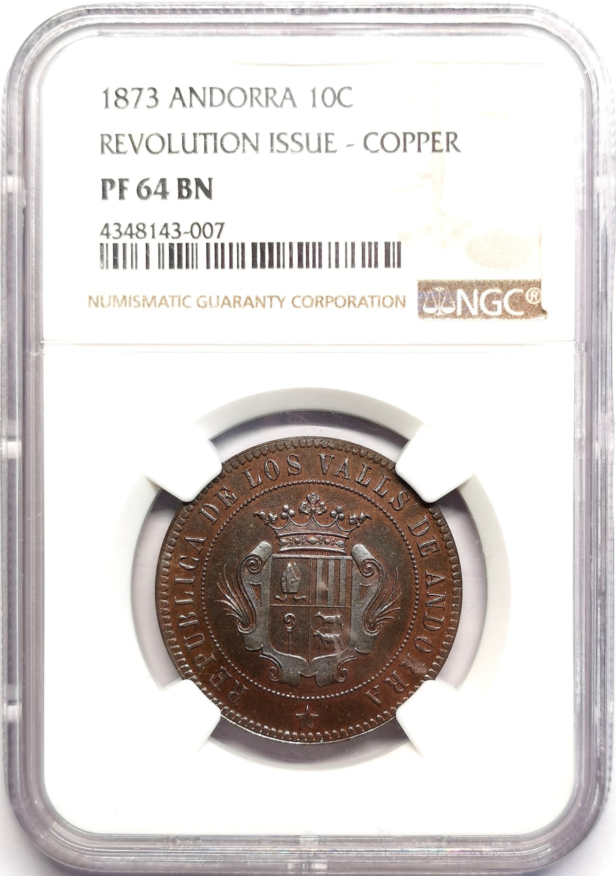 凡希社世界钱币微拍第二百五十六期 1873安道尔革命时期10分大铜精铸NGC-PF64BN