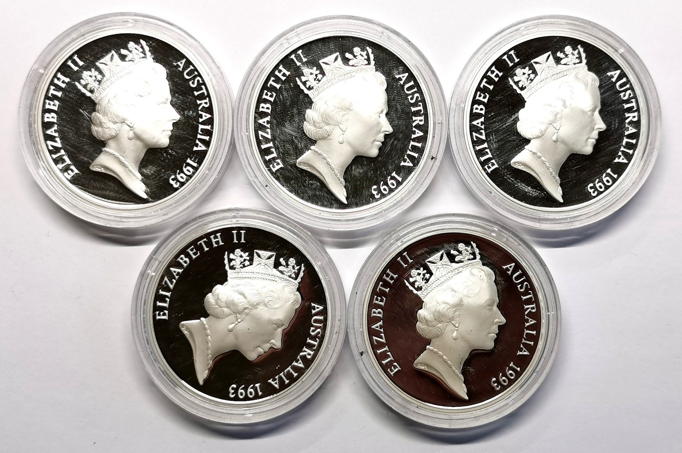 凡希社世界钱币微拍第二百五十六期 1993澳大利亚拓殖史5元纪念大银精铸五枚套全品！