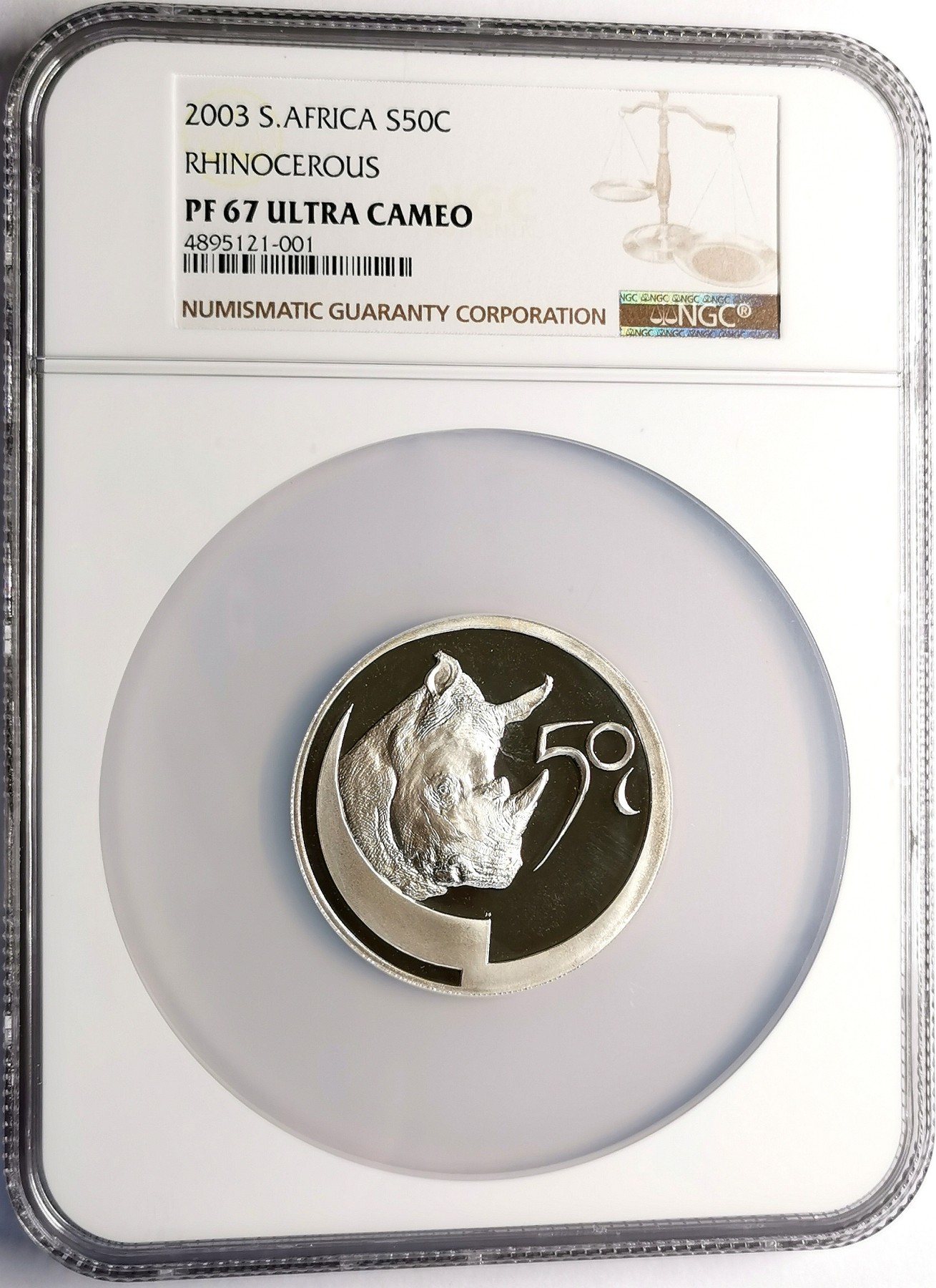 凡希社世界钱币微拍第二百五十六期 2003南非犀牛50分2盎司大银精铸NGC-PF67UC