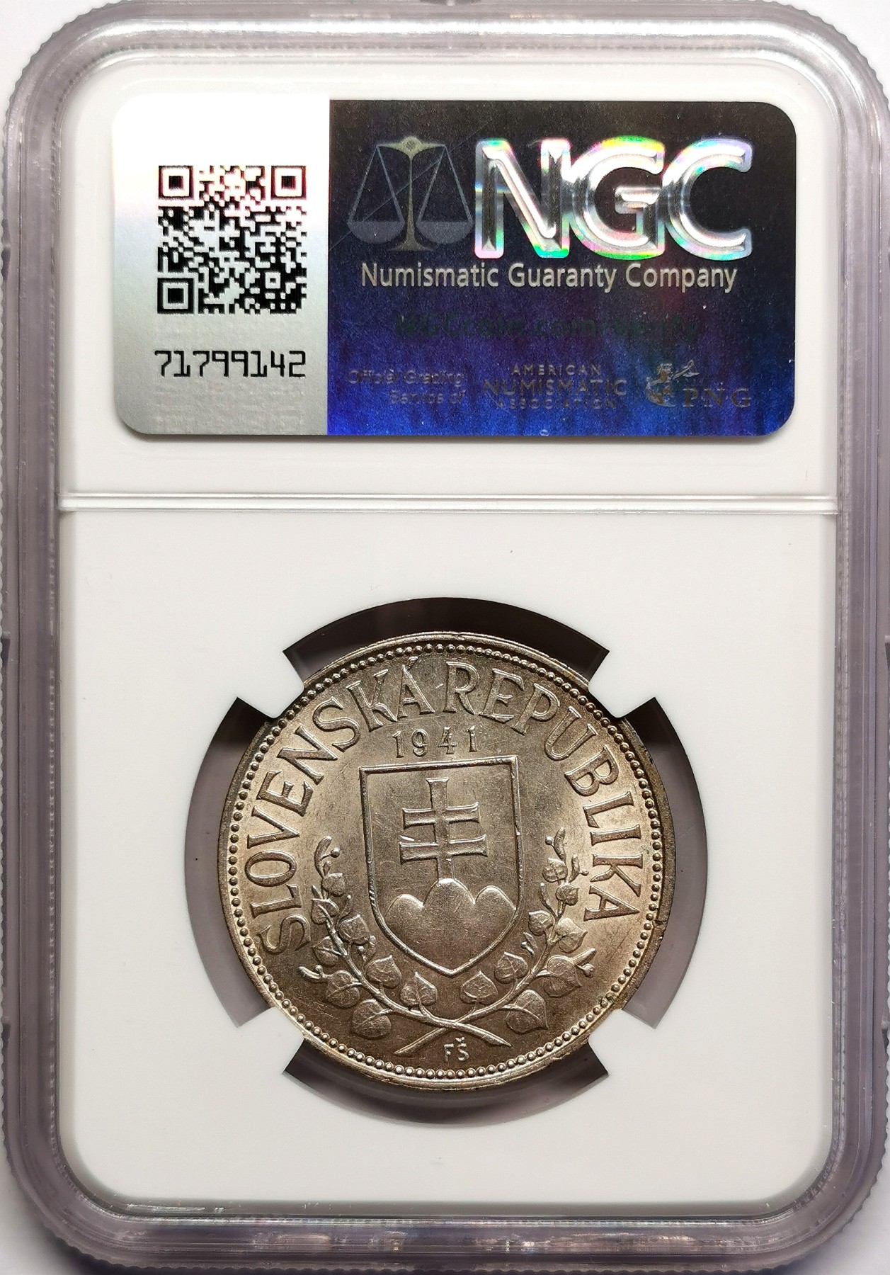 凡希社世界钱币微拍第二百五十六期 1941斯洛伐克双圣徒20K银币NGC-MS63