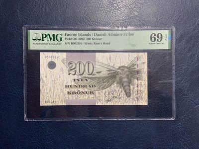 收藏联盟Quantum Auction 第308期拍卖  - 法罗群岛2003年200克朗 PMG69 细线初版 号码全程无47