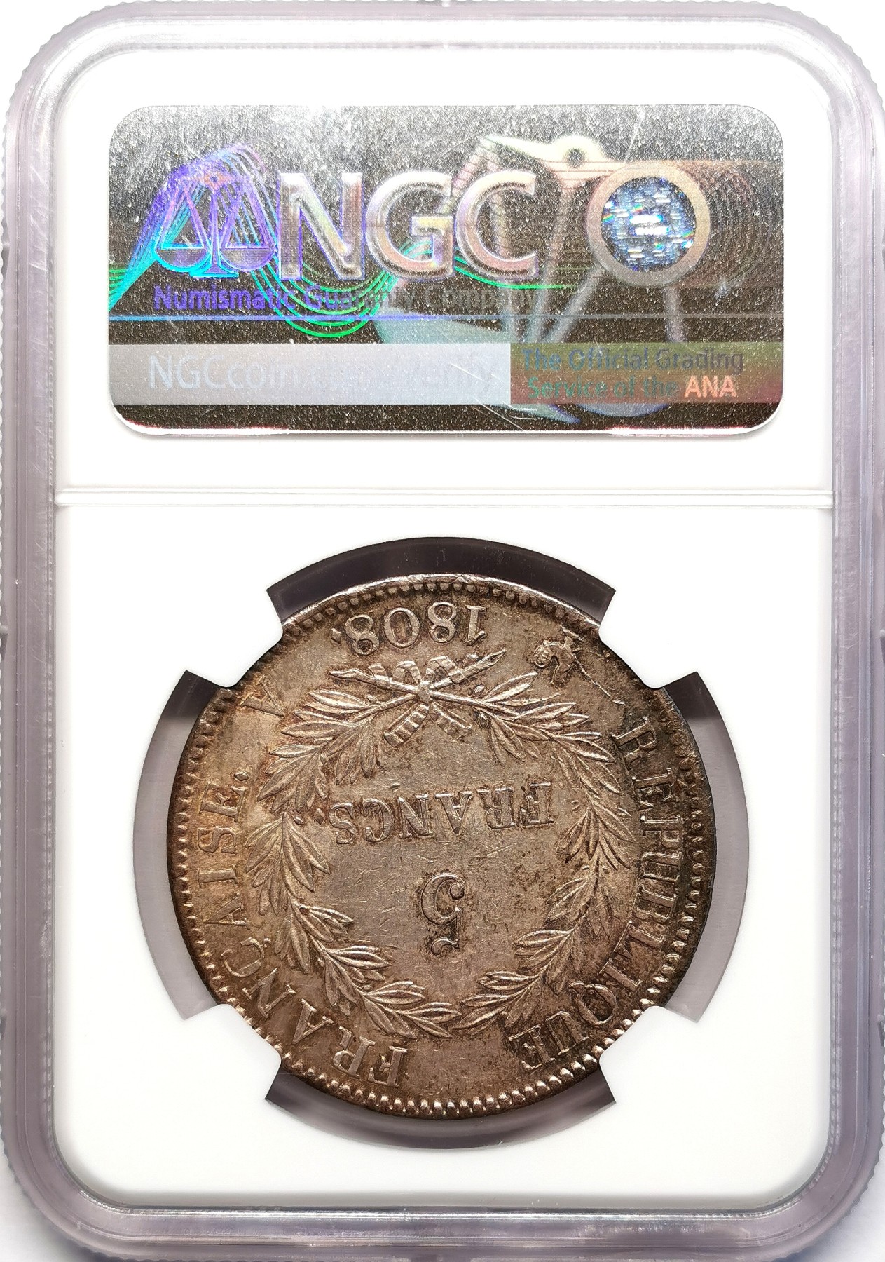 凡希社世界钱币微拍第二百五十六期 荐！1808A法国拿破仑5法郎大银NGC-AU55原味极赞！
