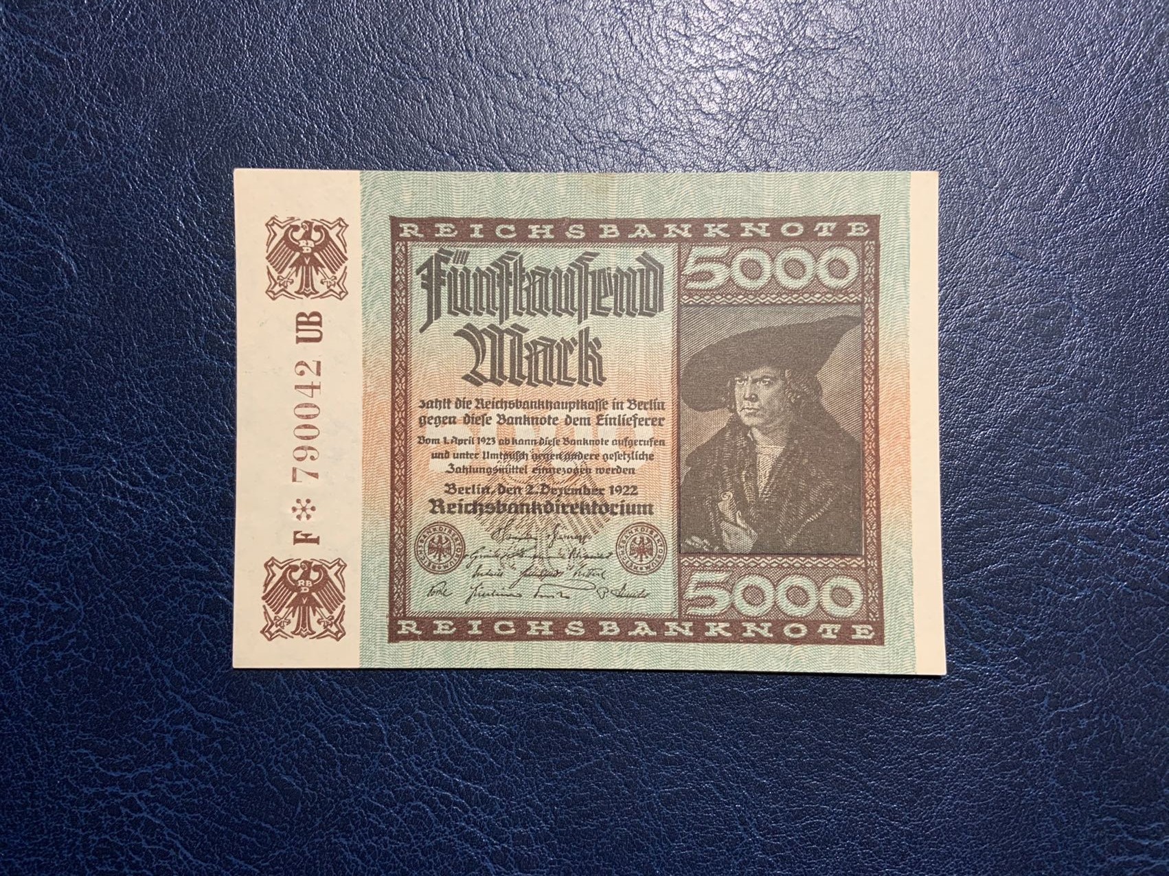 收藏联盟Quantum Auction 第308期拍卖  德国1922年5000马克 品相UNC- 稀少星补号 丢勒画作