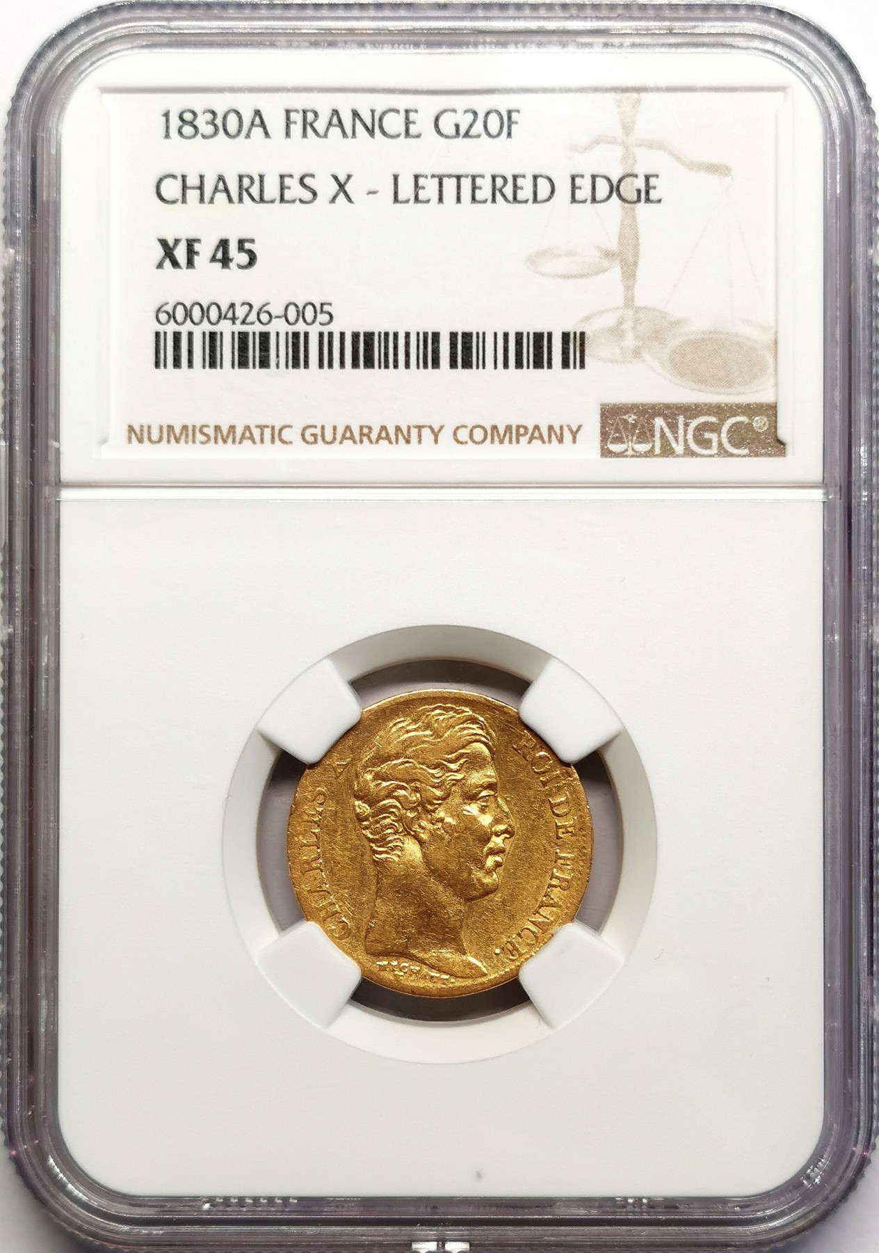 凡希社世界钱币微拍第二百五十六期 1830A法国查理十世20法郎金币NGC-XF45