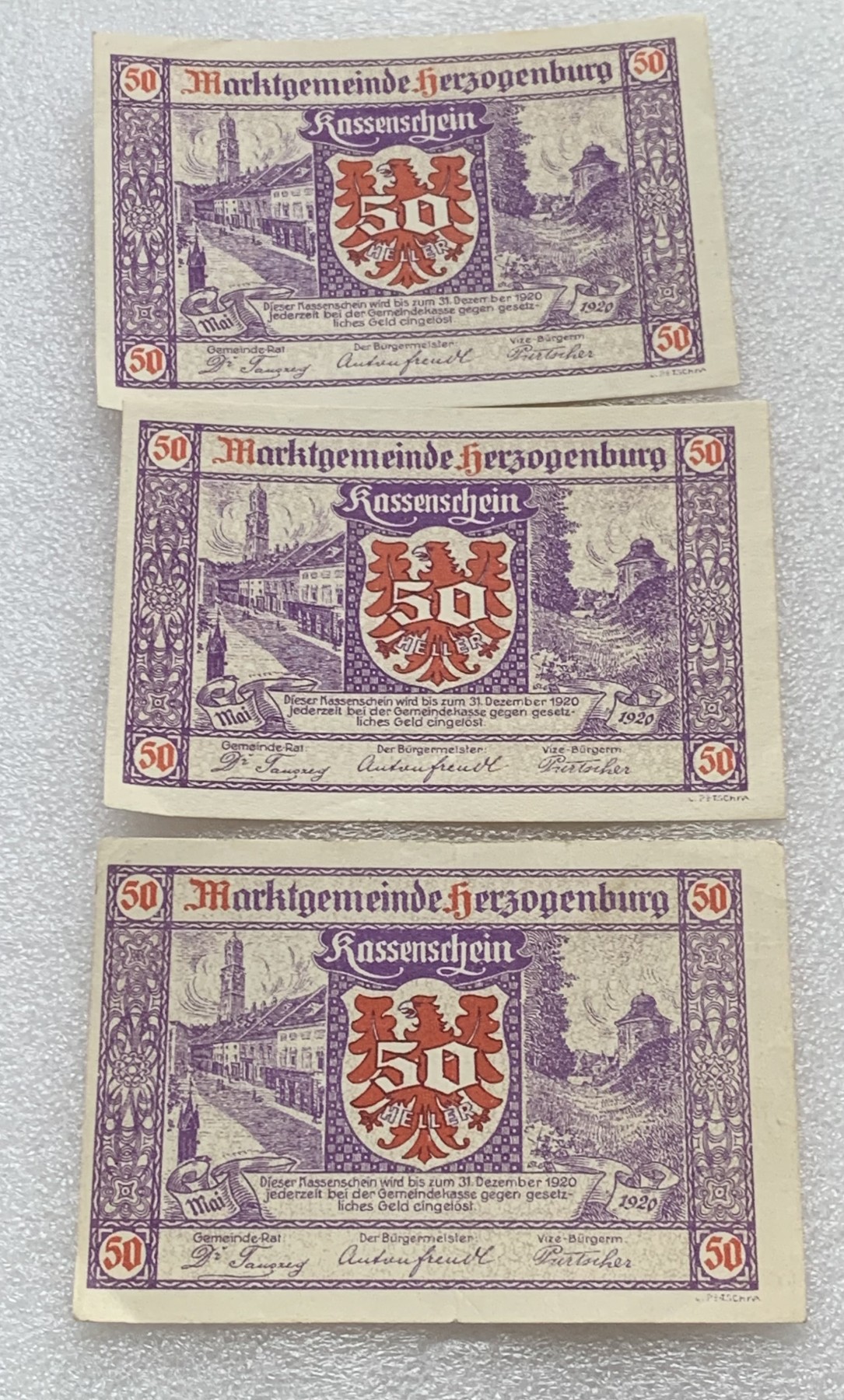 瓶子🏺散币纸币第3期  奥地利德紧时期1920年50赫勒纸币3张