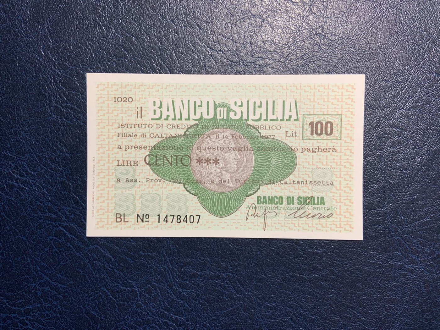 收藏联盟Quantum Auction 第308期拍卖  意大利西西里岛1977年100里拉紧急币 品相UNC- 
