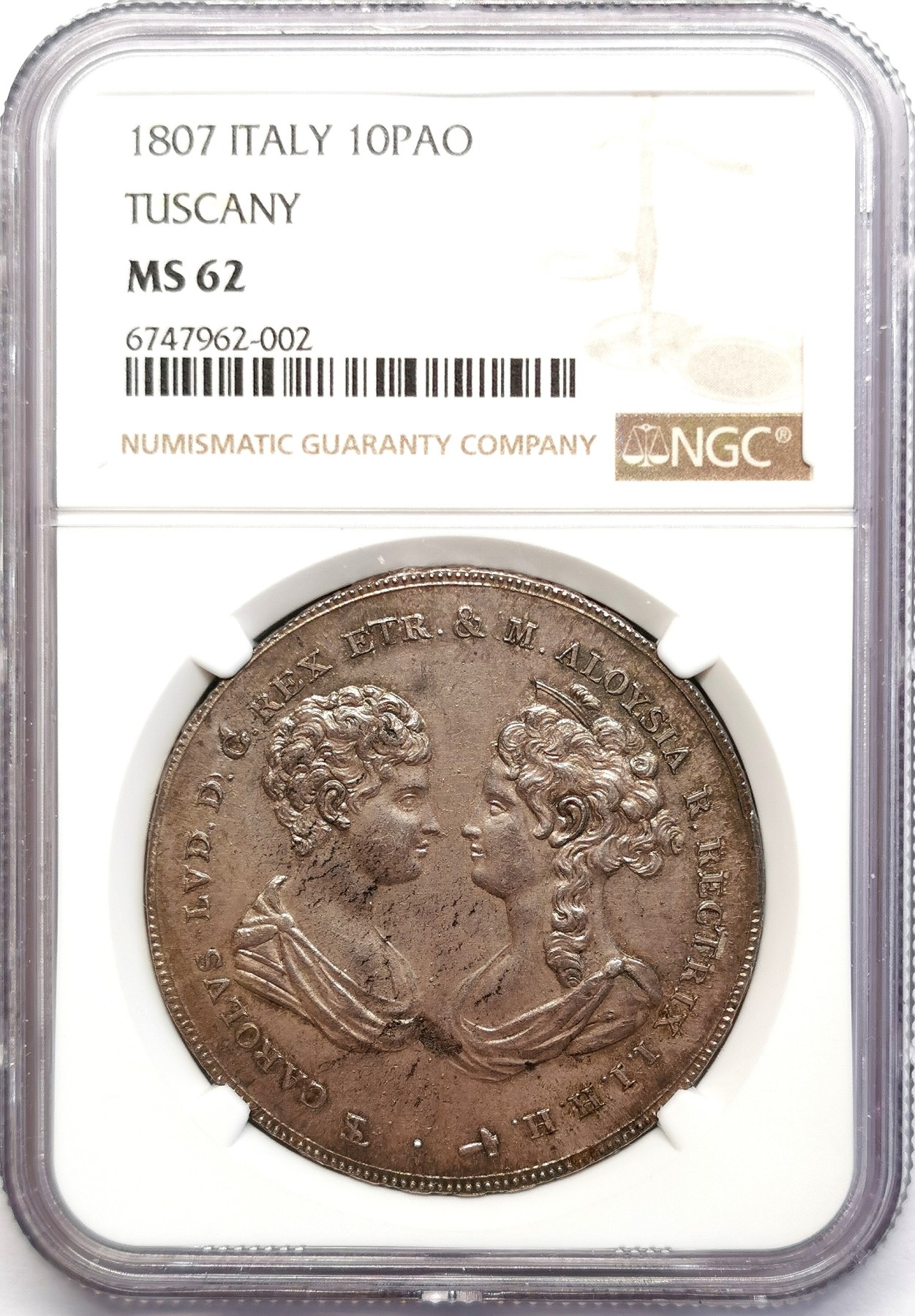 凡希社世界钱币微拍第二百五十六期 荐！1807托斯卡纳母与子10Pao大银NGC-MS62灰彩质感一流少见版本！