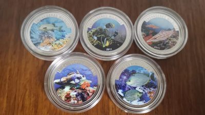帕劳5枚海洋保护彩色镀银纪念币团购 - 帕劳海洋鱼类彩色纪念币5枚套，225/套。满10套就ok