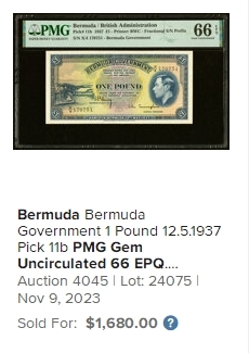 【Blue Auction】✨世界纸币精拍第400期盛典——白金之夜 【仅1张更高分】英属百慕大 1937年1镑 BWC出品 英王乔六 PMG66EPQ 好品相对较少  