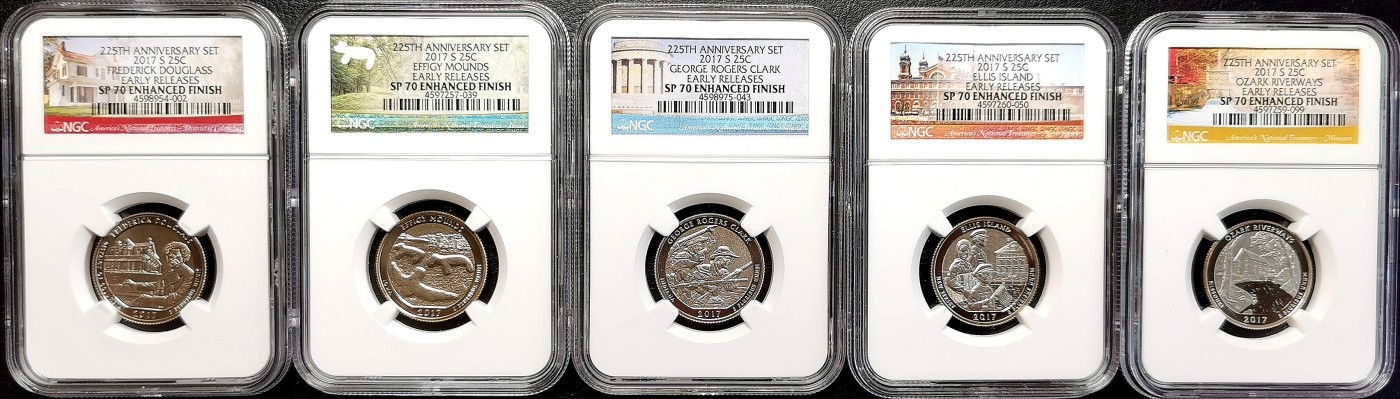 凡希社世界钱币微拍第二百五十六期 2017美国国家公园25分纪念银币五枚套NGC-SP70反向精铸！