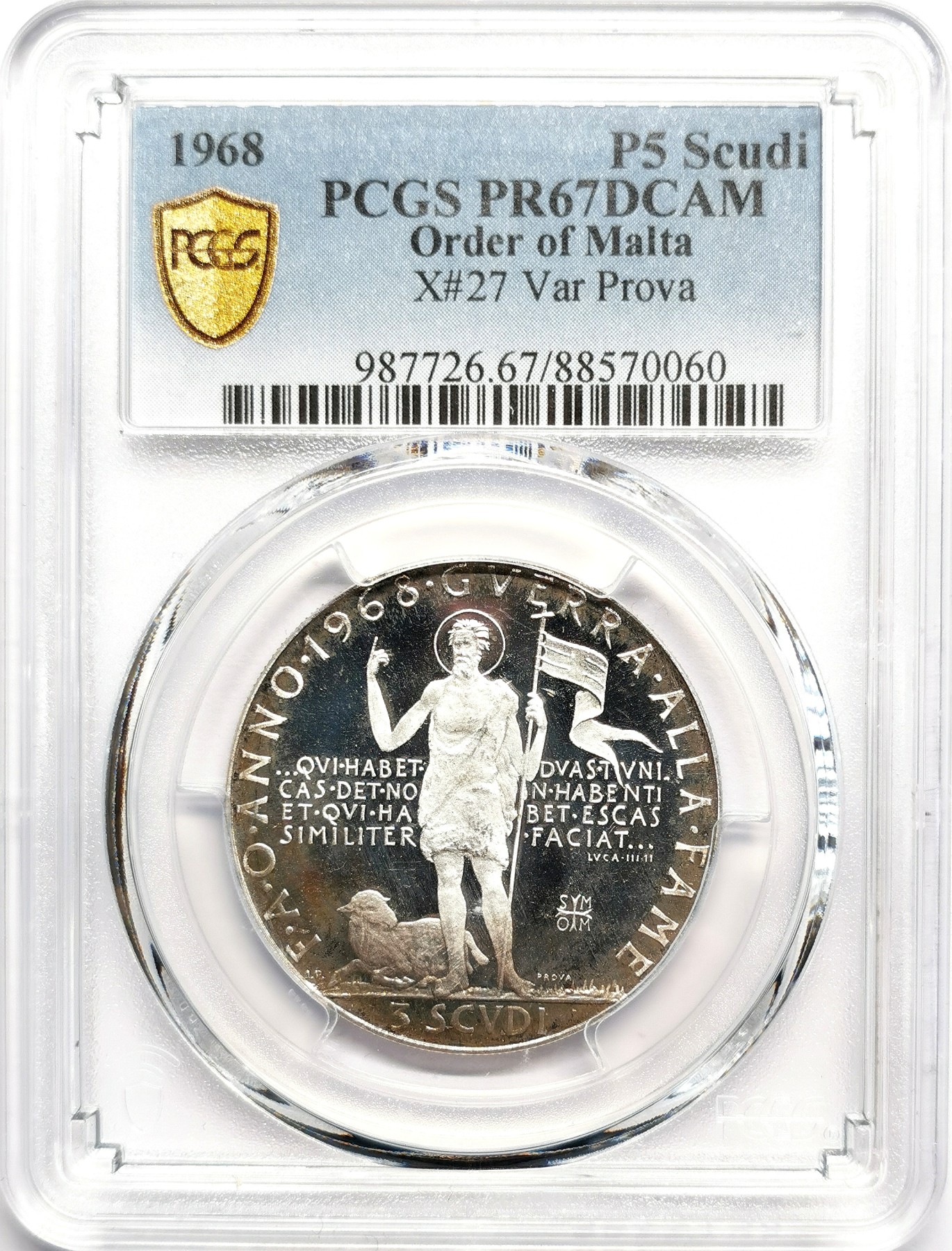 凡希社世界钱币微拍第二百五十六期 1968马耳他骑士团5Scudo大银精铸样币PCGS-PR67DCAM