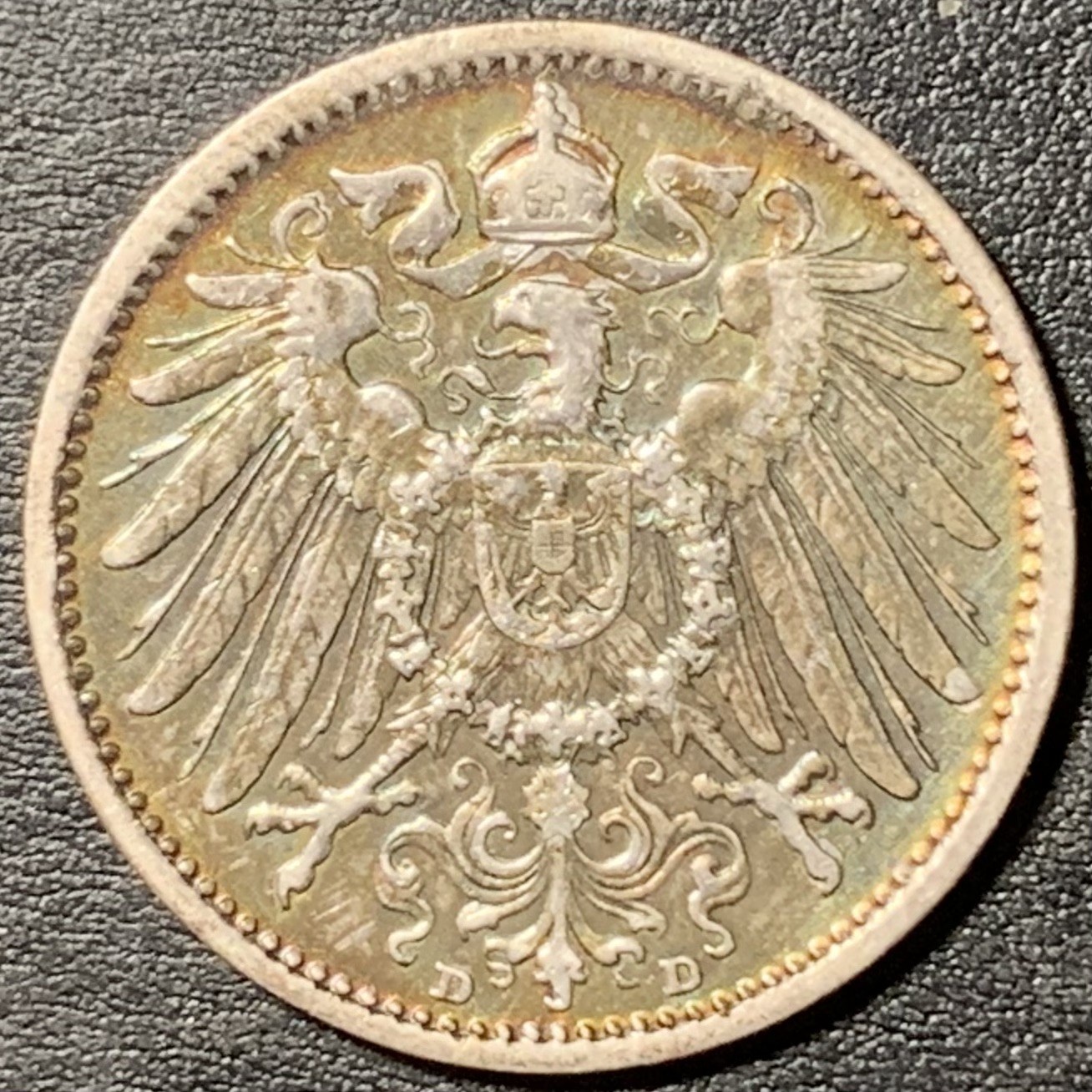 紫瑗钱币——第329期拍卖 德国 1907年 D厂 第二帝国 长翅 1马克 5.5克 0.9银 五彩