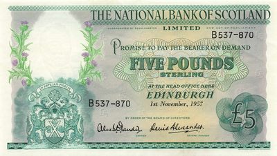 小福收藏拍卖第143期 裸钞场 本期有有多张豹子号靓号 马尔代夫80年50拉菲亚 苏格兰57年5镑  法属印度支那20元 比利时大蜻蜓 南越香蕉树 尼泊尔1000卢比补号 乌拉圭1872年50比索 苏丹样钞 阿富汗早期卢比 突尼斯 越南 丹麦 伯利兹等多国精美纸币 - 苏格兰国家银行 1957年 5镑 非常少见品种 aunc