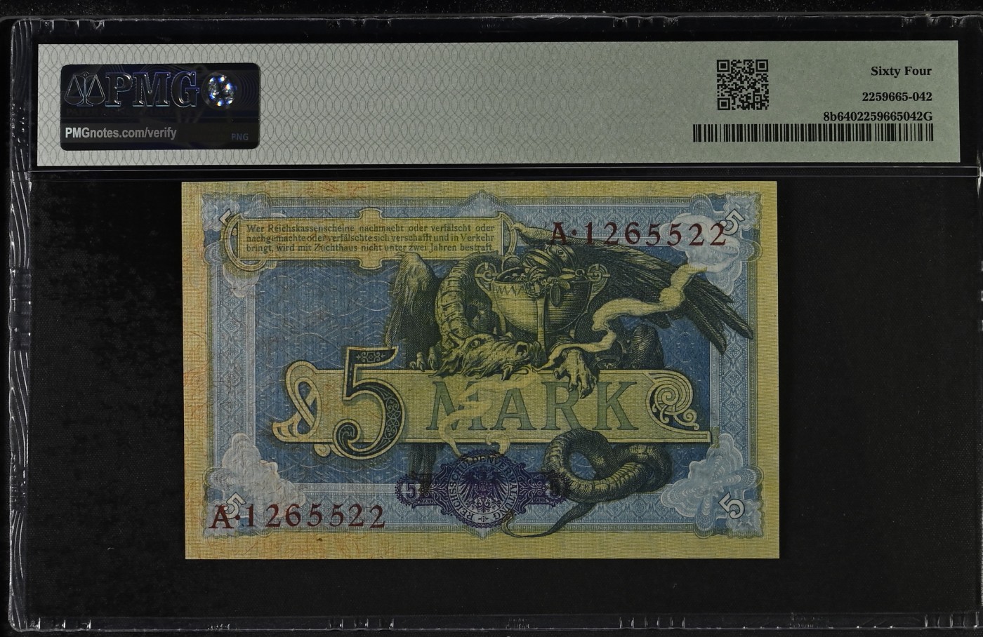 收藏联盟Quantum Auction 第308期拍卖  德国1904年5马克 PMG64 首发A冠号码无347