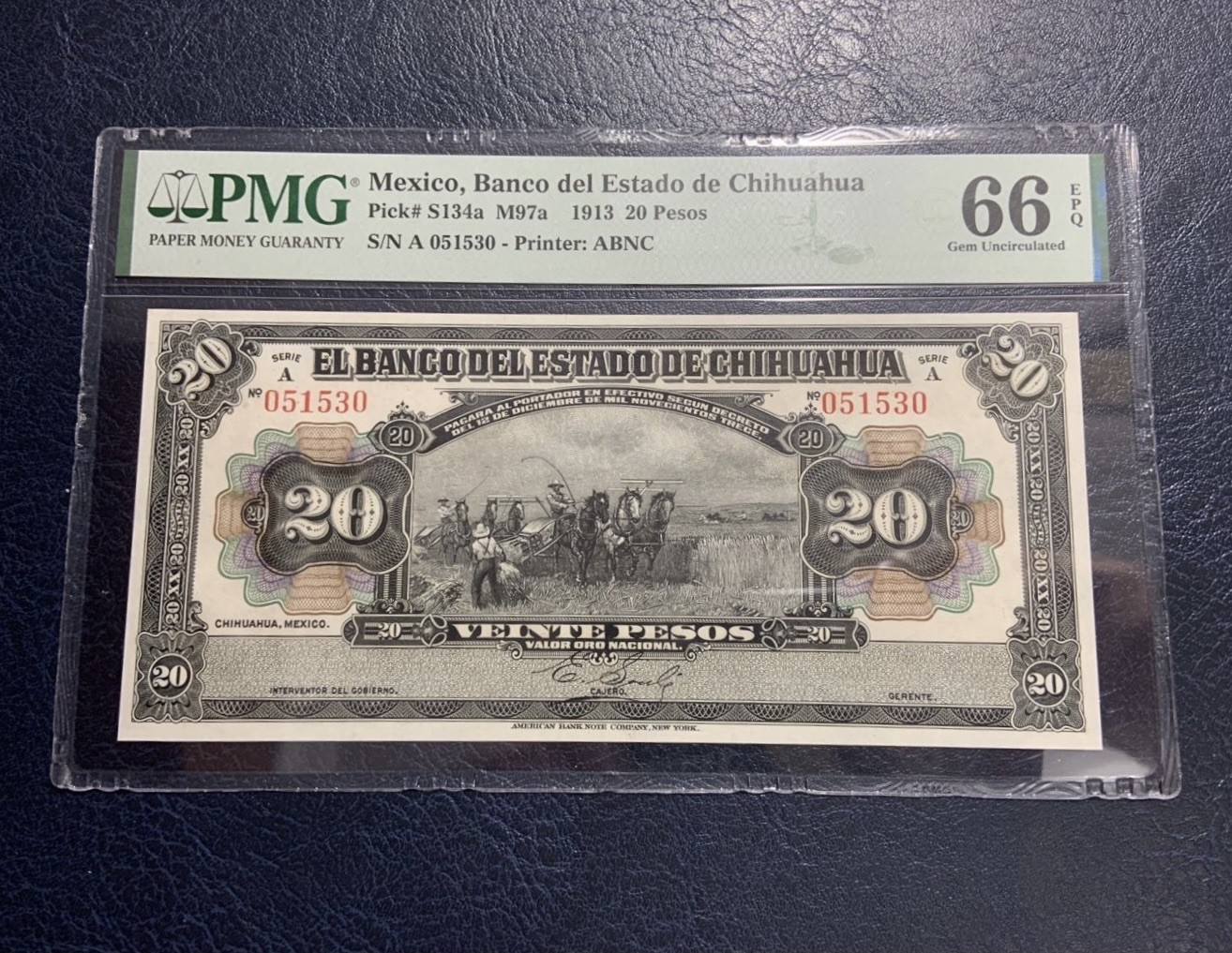 收藏联盟Quantum Auction 第308期拍卖  墨西哥1913年20比索 PMG66 首发A序列 高分稀少 非库存票