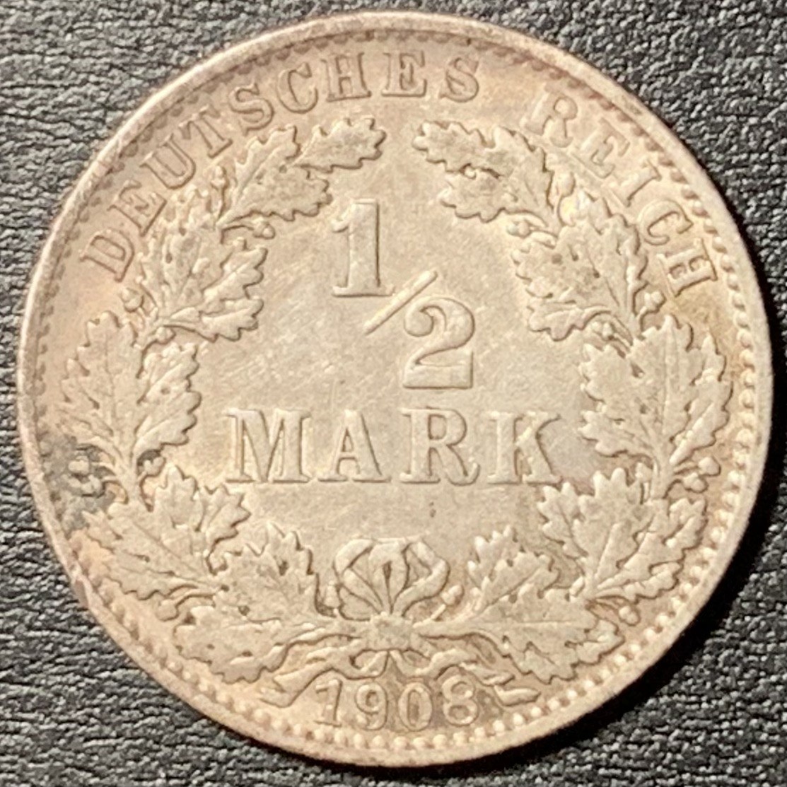 紫瑗钱币——第329期拍卖 德国 1908年 E版 第二帝国 1/2马克 银币 2.77克 0.9银