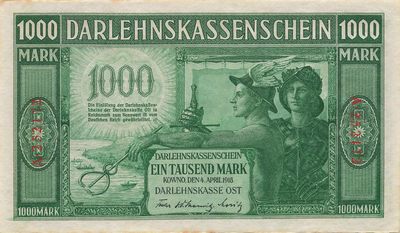 小福收藏拍卖第143期 裸钞场 本期有有多张豹子号靓号 马尔代夫80年50拉菲亚 苏格兰57年5镑  法属印度支那20元 比利时大蜻蜓 南越香蕉树 尼泊尔1000卢比补号 乌拉圭1872年50比索 苏丹样钞 阿富汗早期卢比 突尼斯 越南 丹麦 伯利兹等多国精美纸币 - 德国 占领立陶宛时发行 1918年 1000马克 大票幅 A冠 a版6位号码 边缘黄 unc