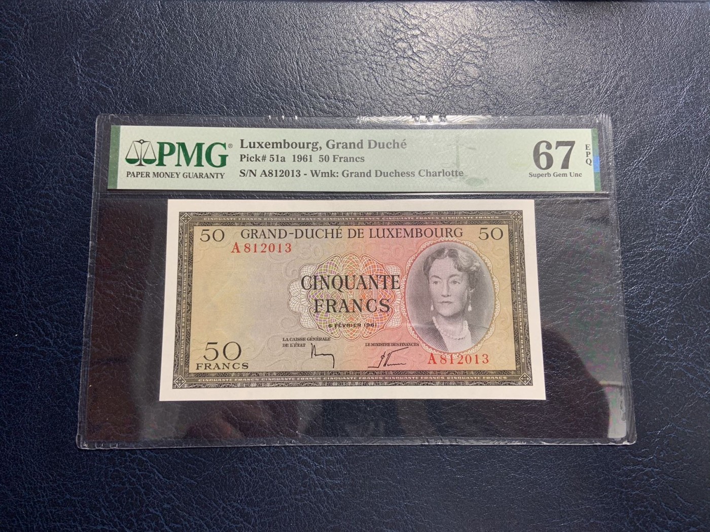 收藏联盟Quantum Auction 第308期拍卖  卢森堡大公国1961年50法郎 PMG67 首发A冠 号码无457