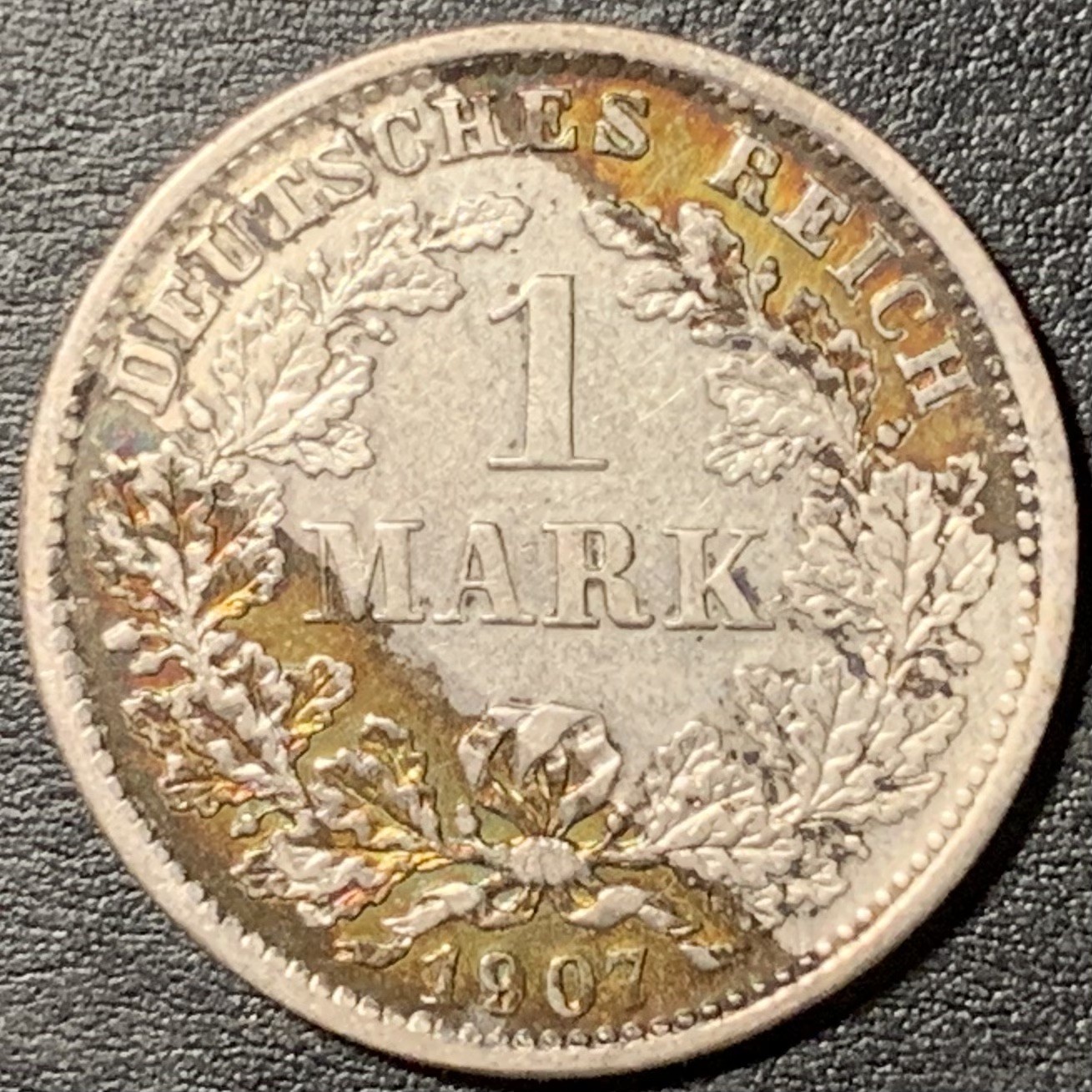 紫瑗钱币——第329期拍卖 德国 1907年 D厂 第二帝国 长翅 1马克 5.5克 0.9银 五彩