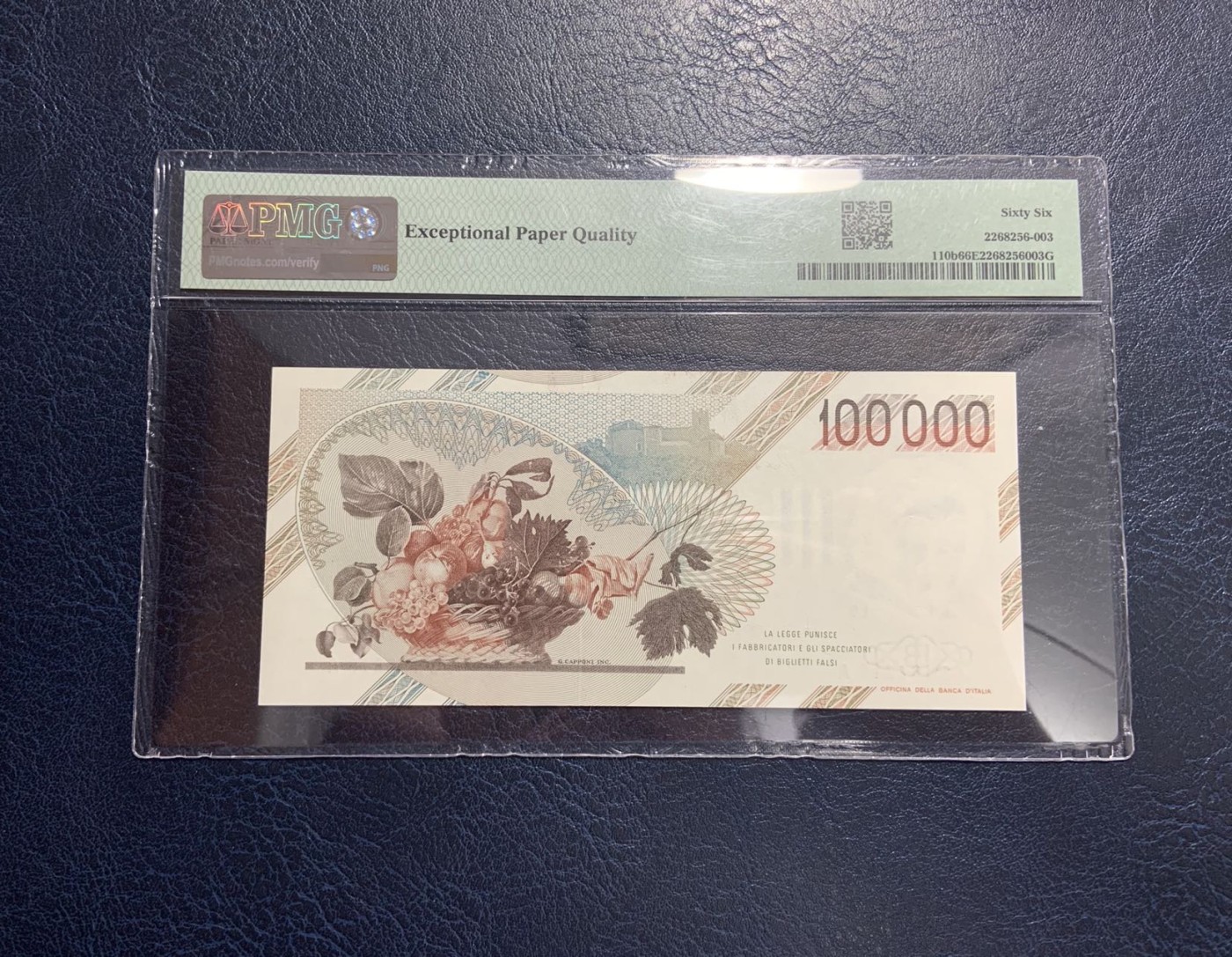 收藏联盟Quantum Auction 第308期拍卖  意大利1983年100000里拉 PMG66 号码无3457朦胧号 拉瓦乔名画《占卜者》和《一蓝水果》