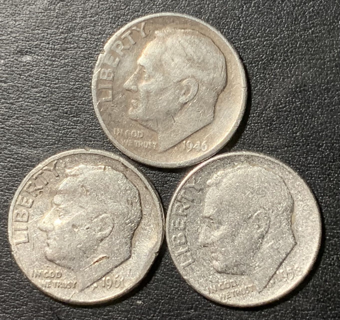 紫瑗钱币——第329期拍卖 美国 1946 1958 1961年 罗斯福 10美分 银币 共7.5克 0.9银 3枚一起