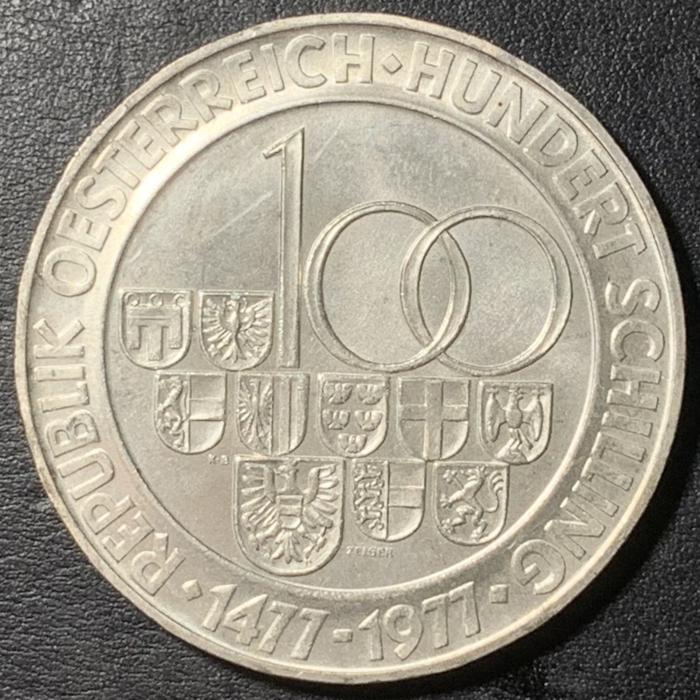 紫瑗钱币——第329期拍卖 奥地利 1977年 萨尔茨堡建市900周年 100先令 24克 0.64银 UNC