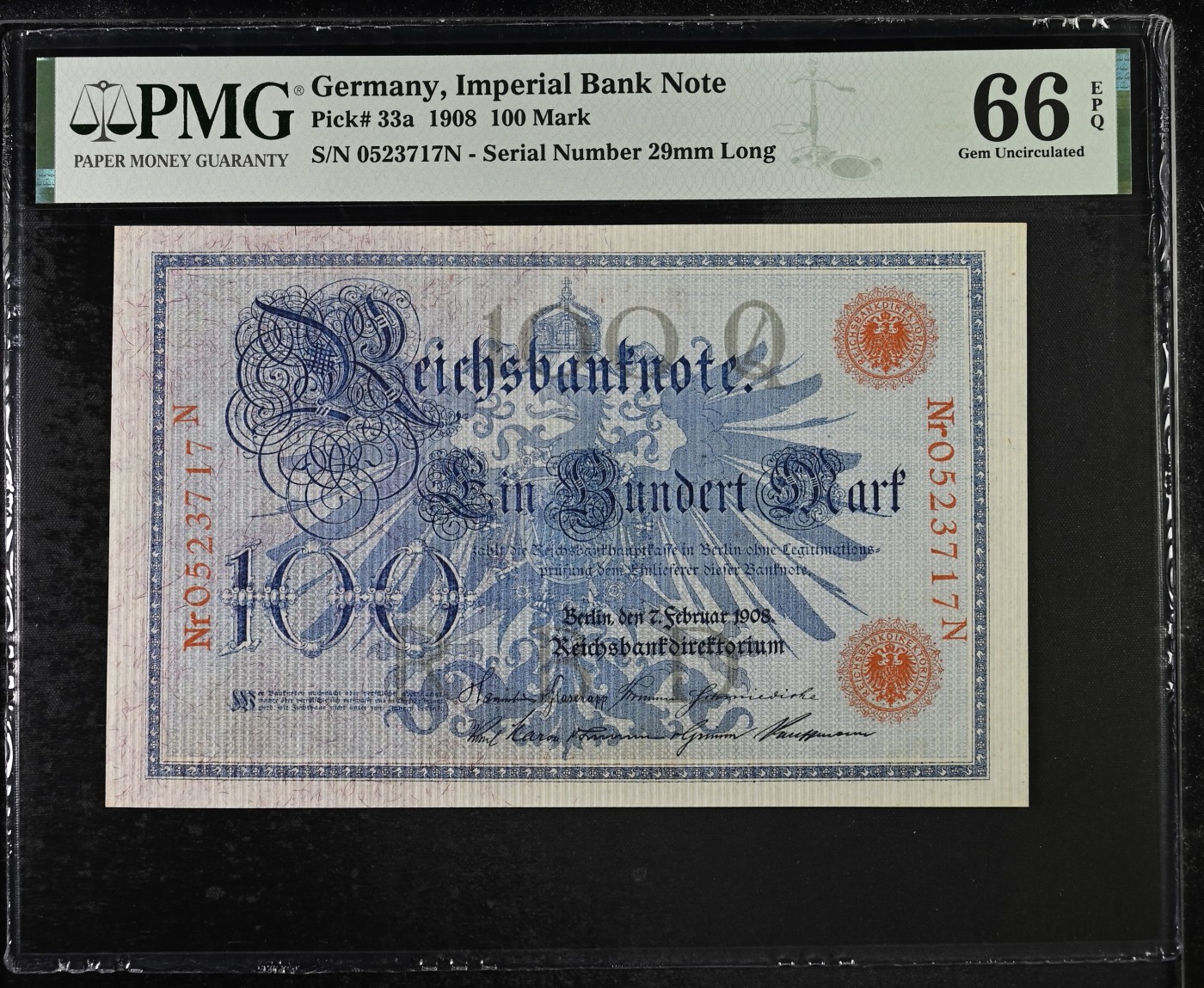 收藏联盟Quantum Auction 第308期拍卖  德国1908年100马克 PMG66 号码无4 粗纹布纸