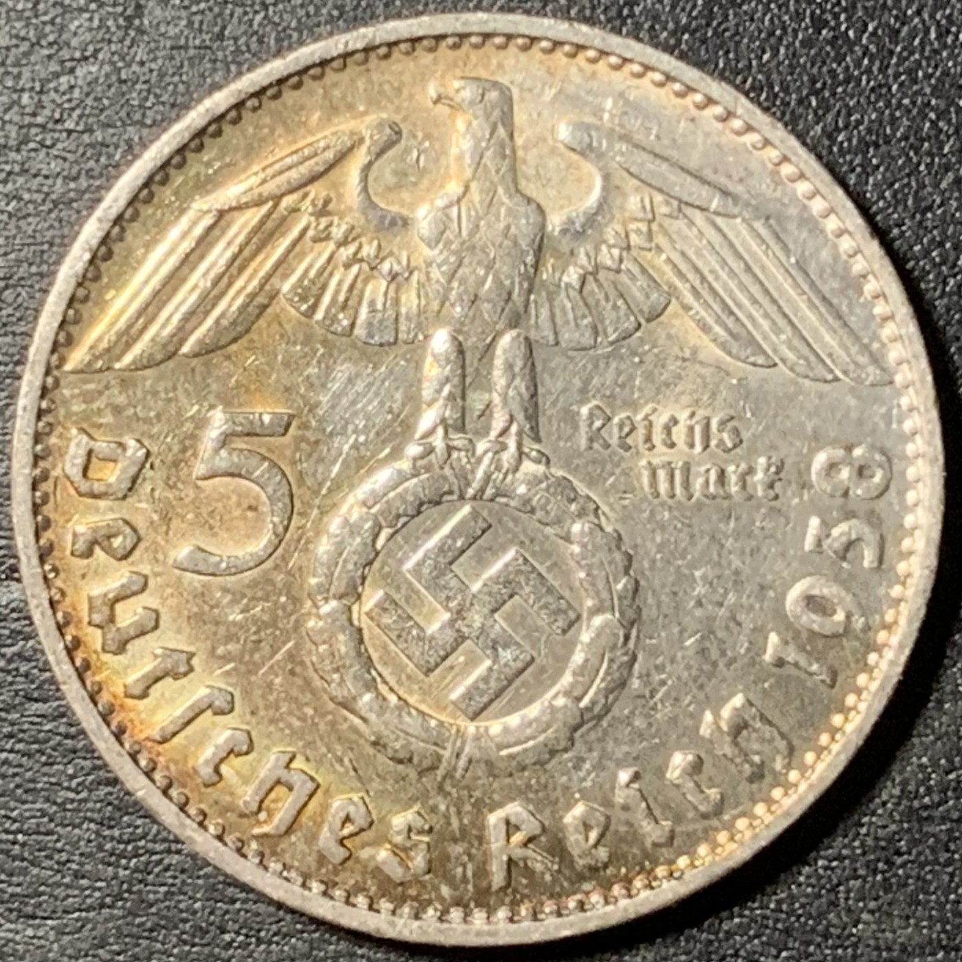 紫瑗钱币——第329期拍卖 德国 1938年 D版 兴登堡 字符 5马克 13.9克 0.9银 五彩