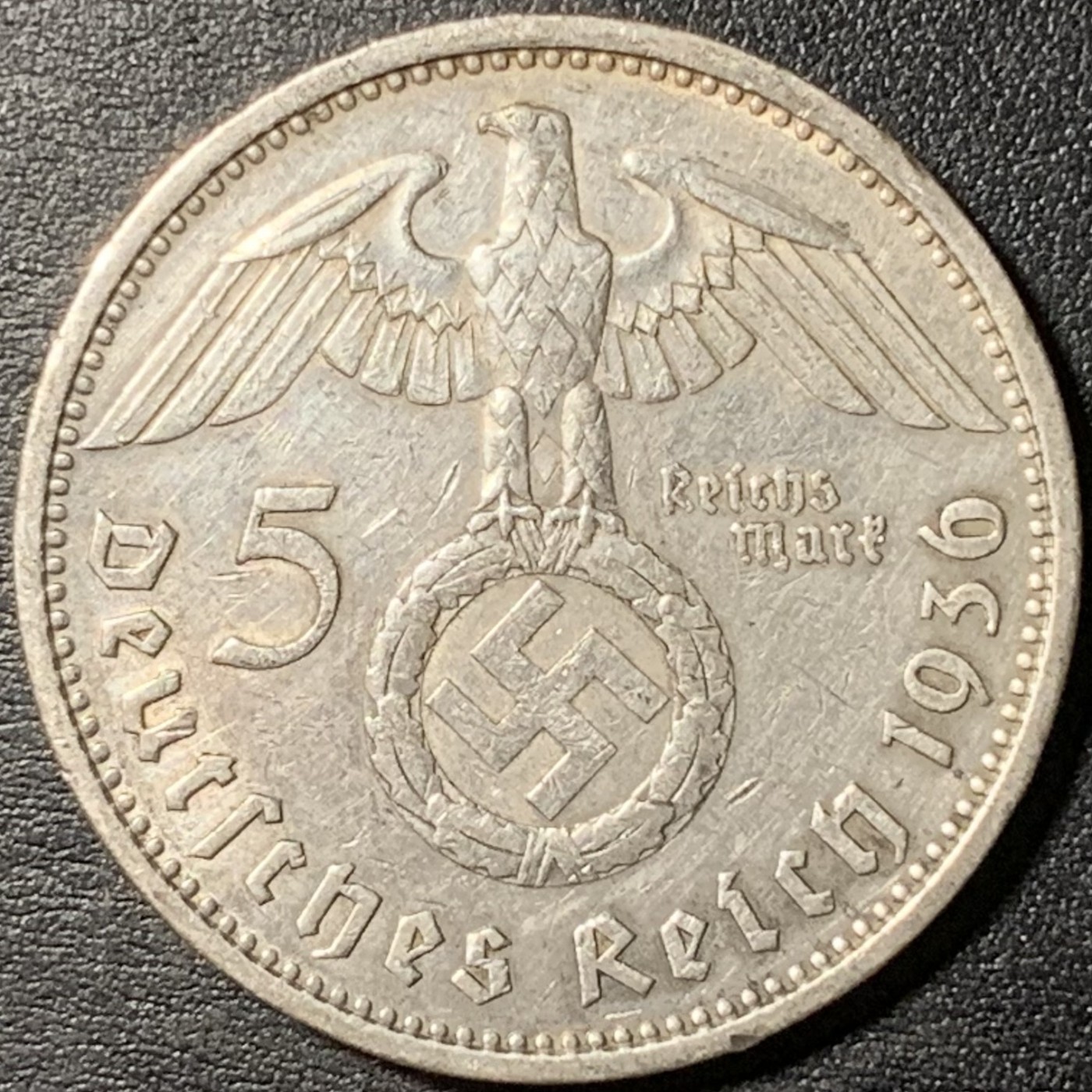 紫瑗钱币——第329期拍卖 德国 1936年 A版 兴登堡 字符 5马克 13.9克 0.9银