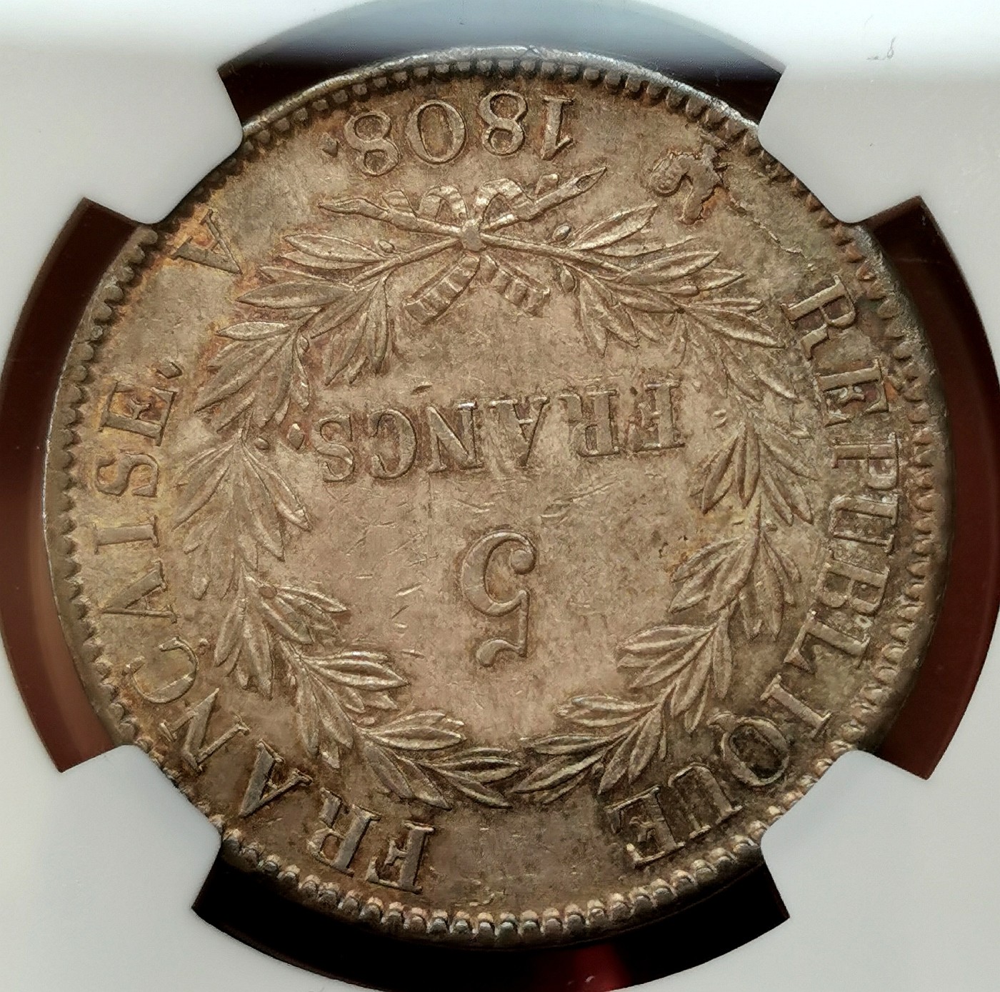 凡希社世界钱币微拍第二百五十六期 荐！1808A法国拿破仑5法郎大银NGC-AU55原味极赞！